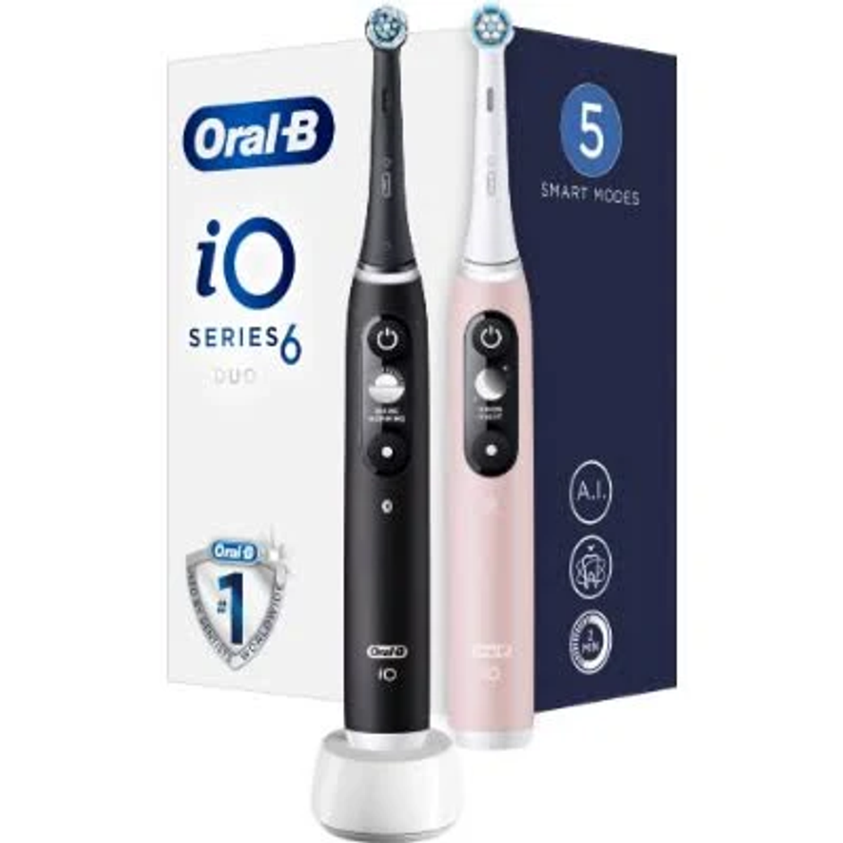 Two Oral-B io Series 6 electric toothbrushes: black and pink, with a charger.