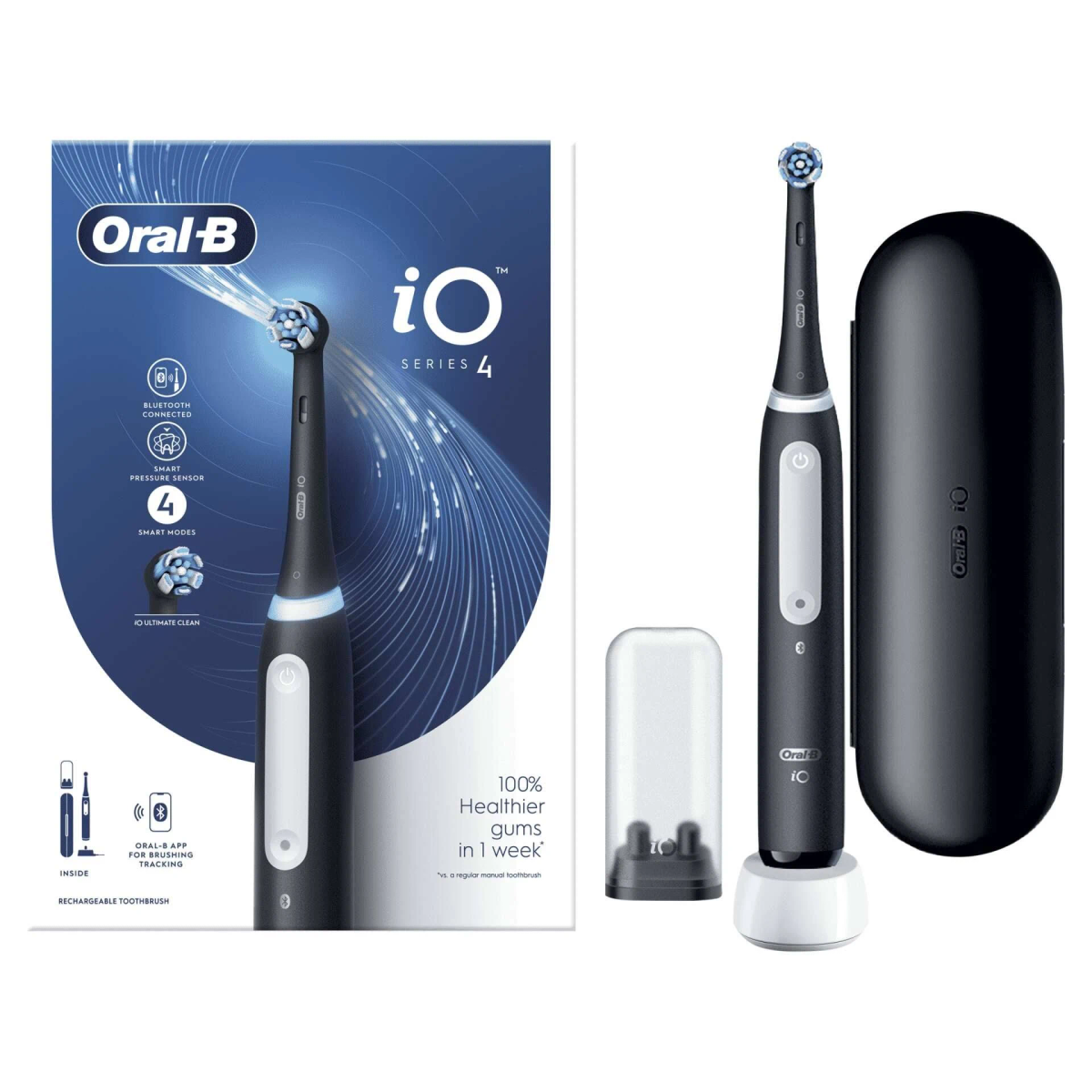 Ein Oral-B elektrisches Zahnbürsten-Set mit schwarzer Bürste, Ladestation und Produktbox.