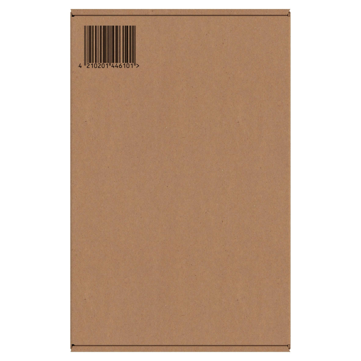 Una caja de cartón marrón con código de barras e información del producto.