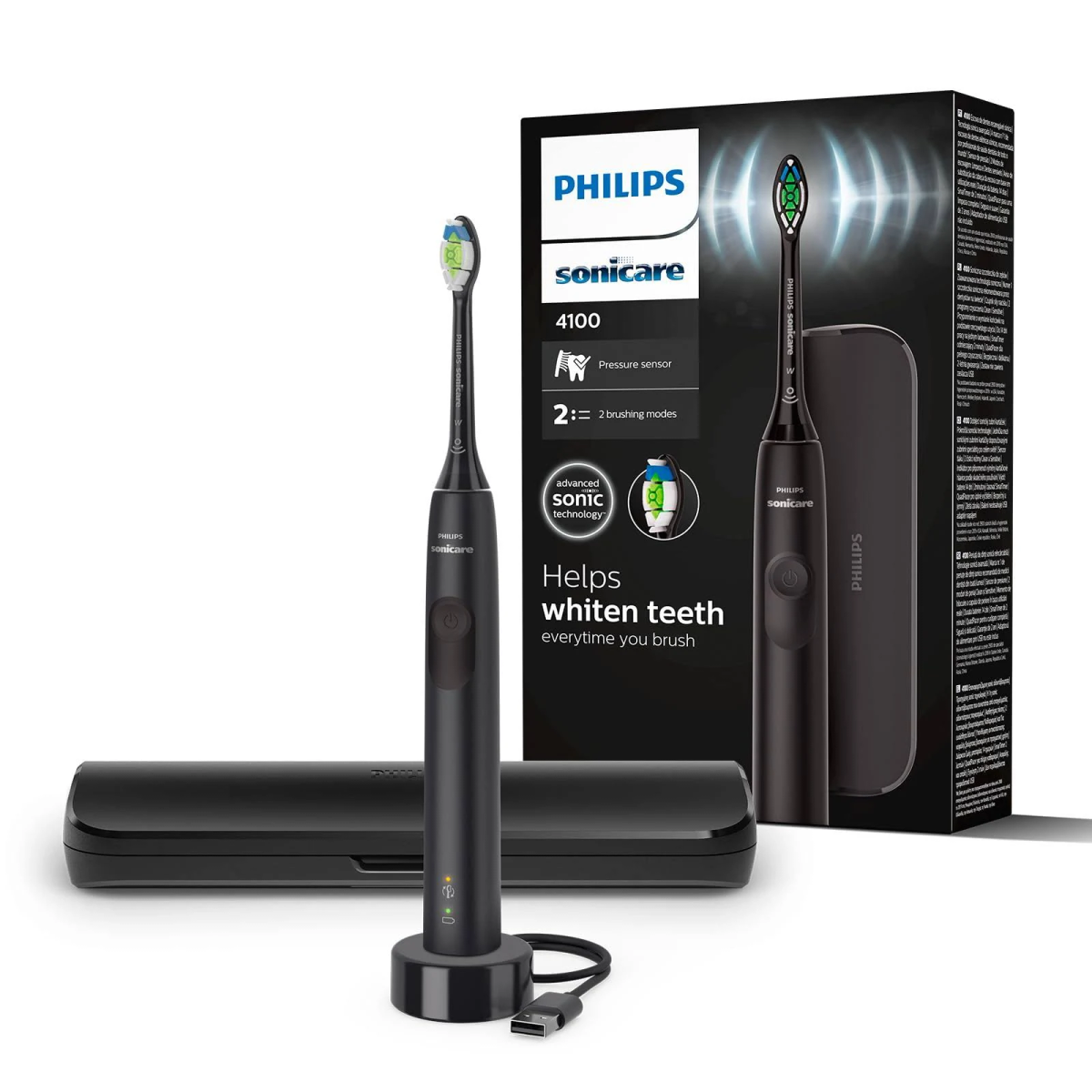 Czarna elektryczna szczoteczka do zębów Philips Sonicare, z ładowarką i dwiema główkami w pudełku.