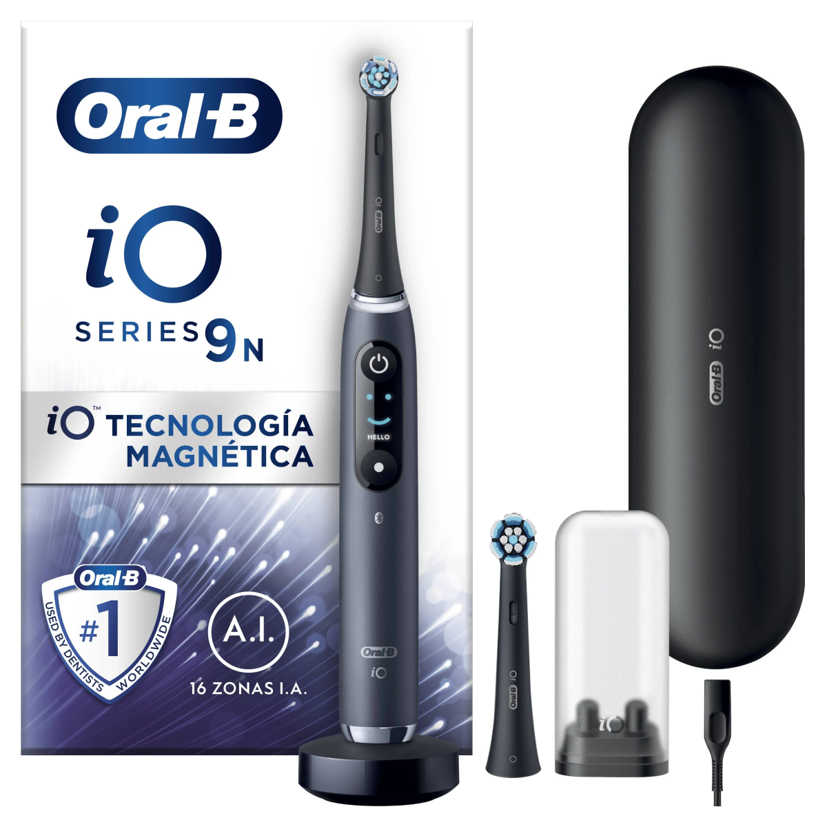 Cepillo de dientes eléctrico Oral-B iO Series 9N con cepillo negro, cargador, estuche y embalaje.