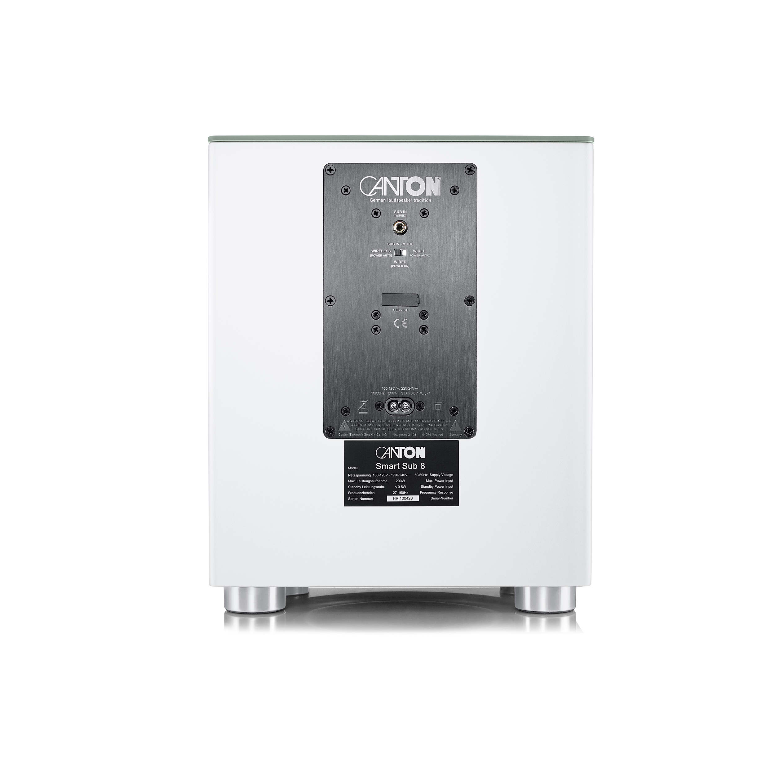 Weißer Canton Smart Sub 8 Subwoofer. Ansicht der Rückseite mit Anschlüssen und Etiketten.