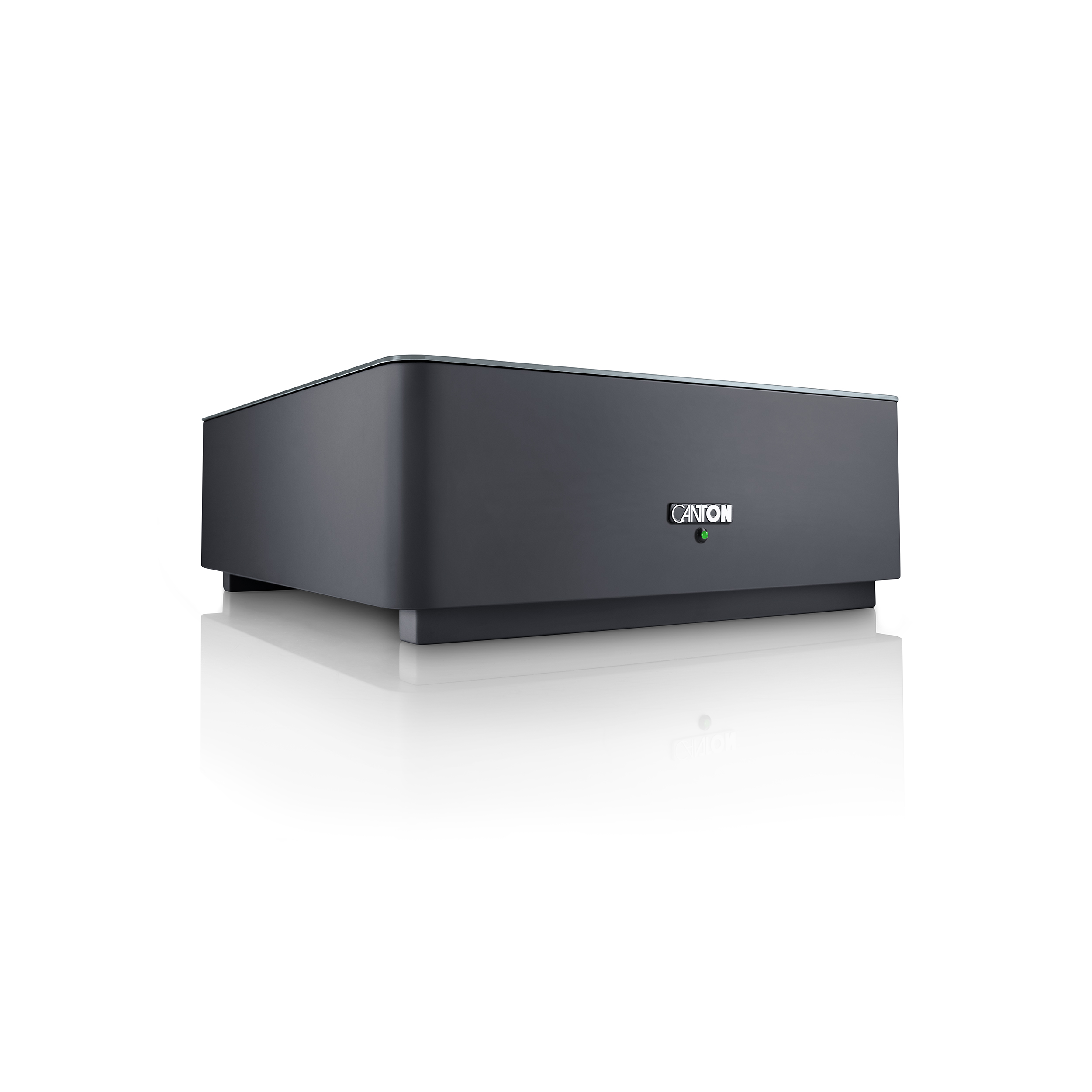 Ein dunkelgraues Canton Audiogerät mit grünem Power-Licht auf weißem Hintergrund.