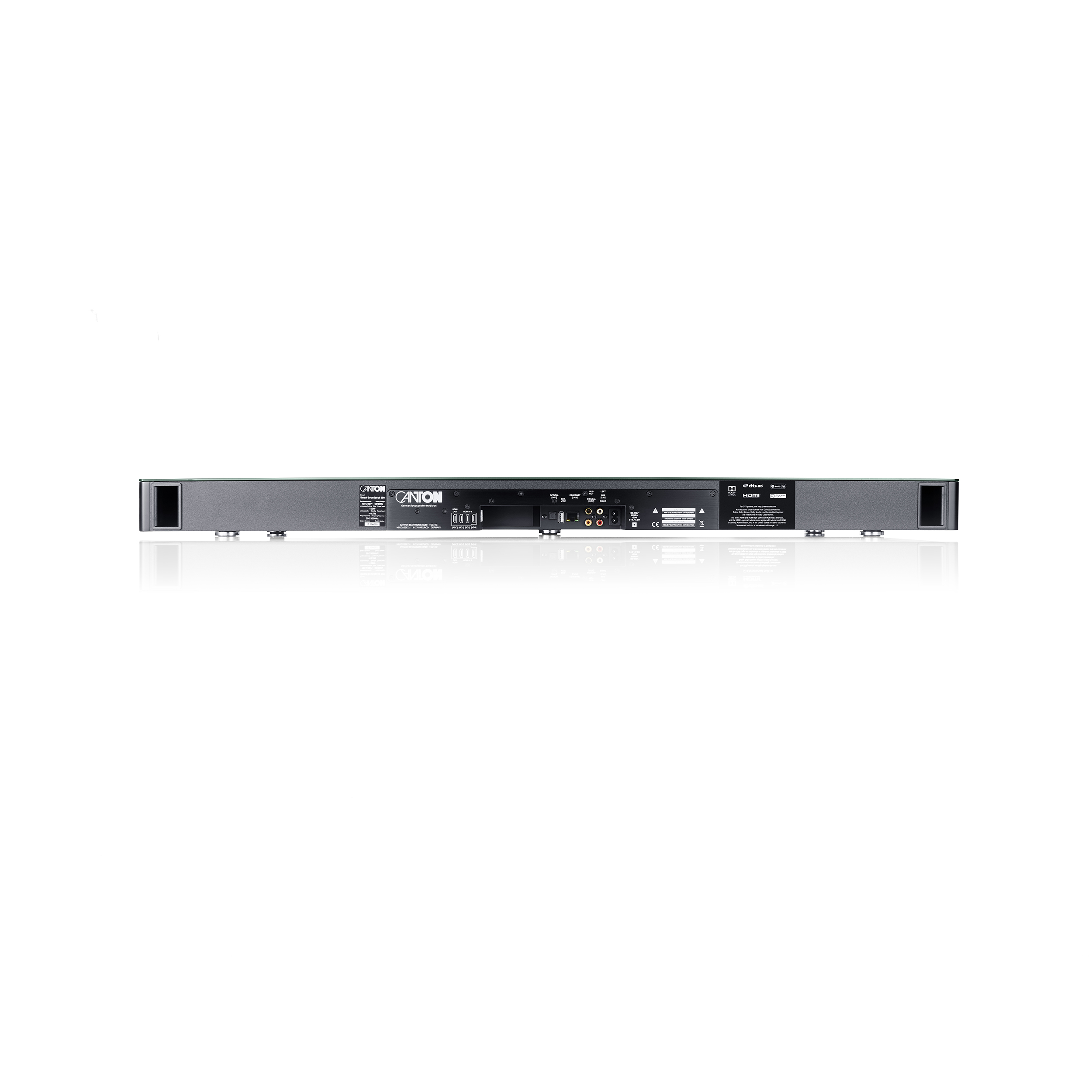 Rückseite einer Soundbar mit verschiedenen Anschlüssen und Etiketten.