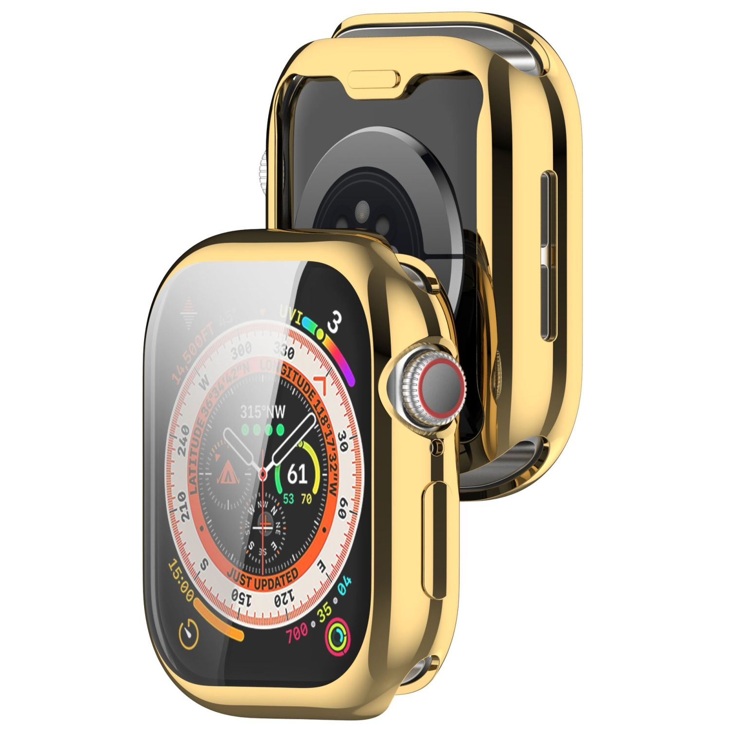 Goldenes Apple Watch Gehäuse, mit offenem Gehäuse, das das Zifferblatt zeigt, isoliert auf weißem Hintergrund.