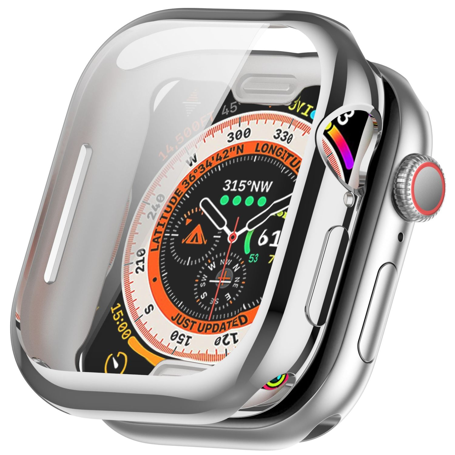 Smartwatch argento in custodia protettiva trasparente. Quadrante mostra ora e dettagli di navigazione.
