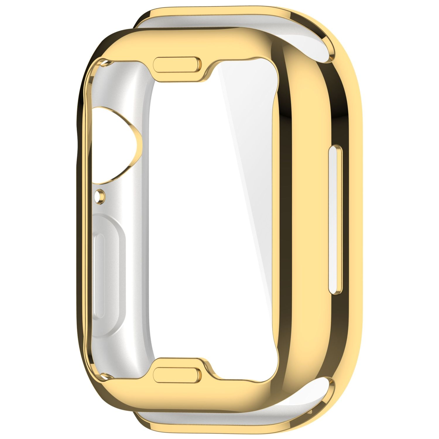 Goldenes Gehäuse für eine Smartwatch. Die Hülle hat einen goldenen Rahmen und eine transparente Bildschirmabdeckung.