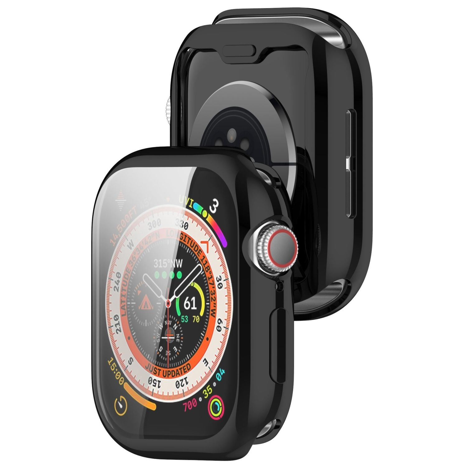 Schwarzes Apple Watch-Gehäuse, zeigt Zifferblatt und Rückseite. Roter Kronenknopf sichtbar.