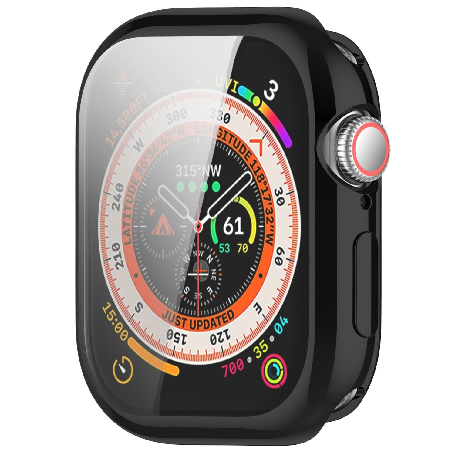 Schwarze Apple Watch mit schwarzem Gehäuse, zeigt eine farbenfrohe Oberfläche.