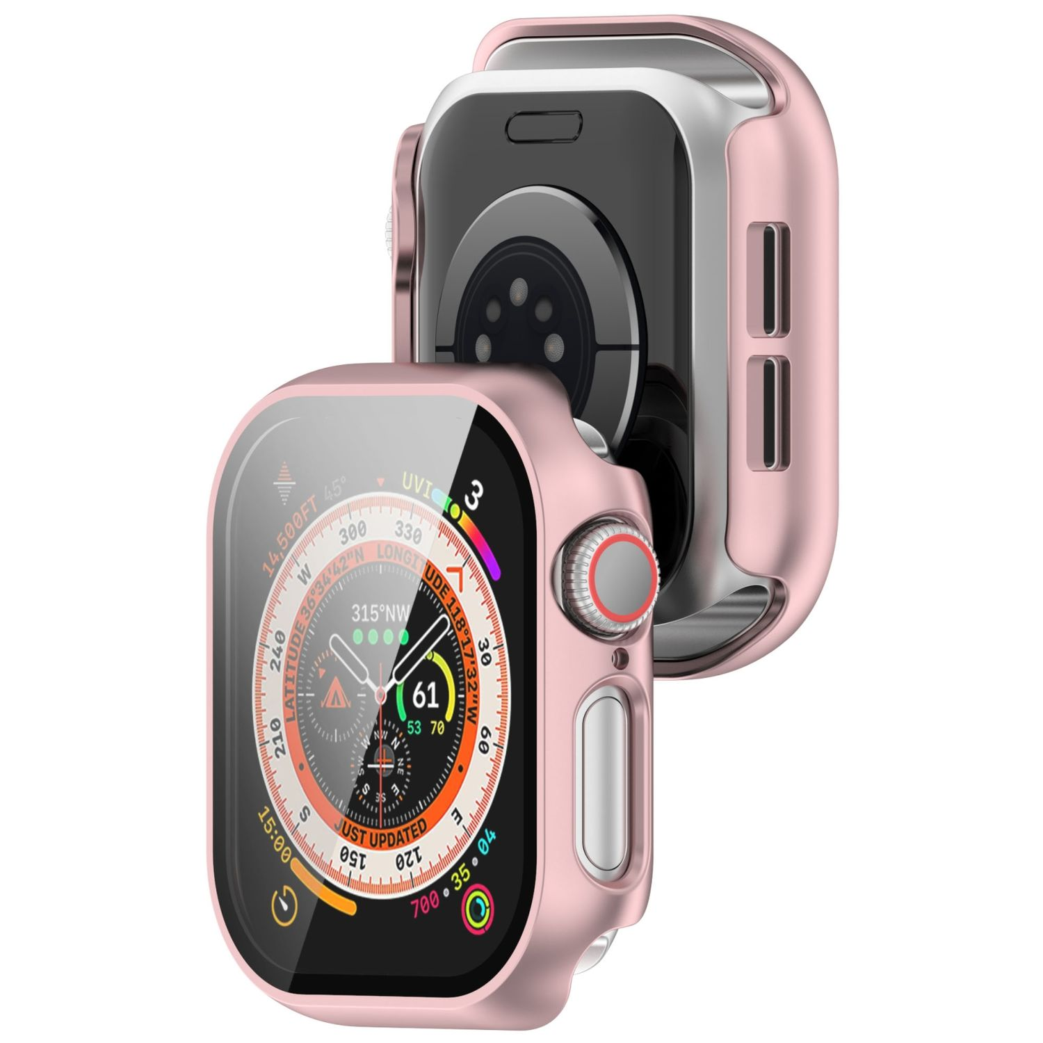 Ein rosa Uhrengehäuse an einer Smartwatch, wobei das Zifferblatt die Uhrzeit und andere Metriken anzeigt.