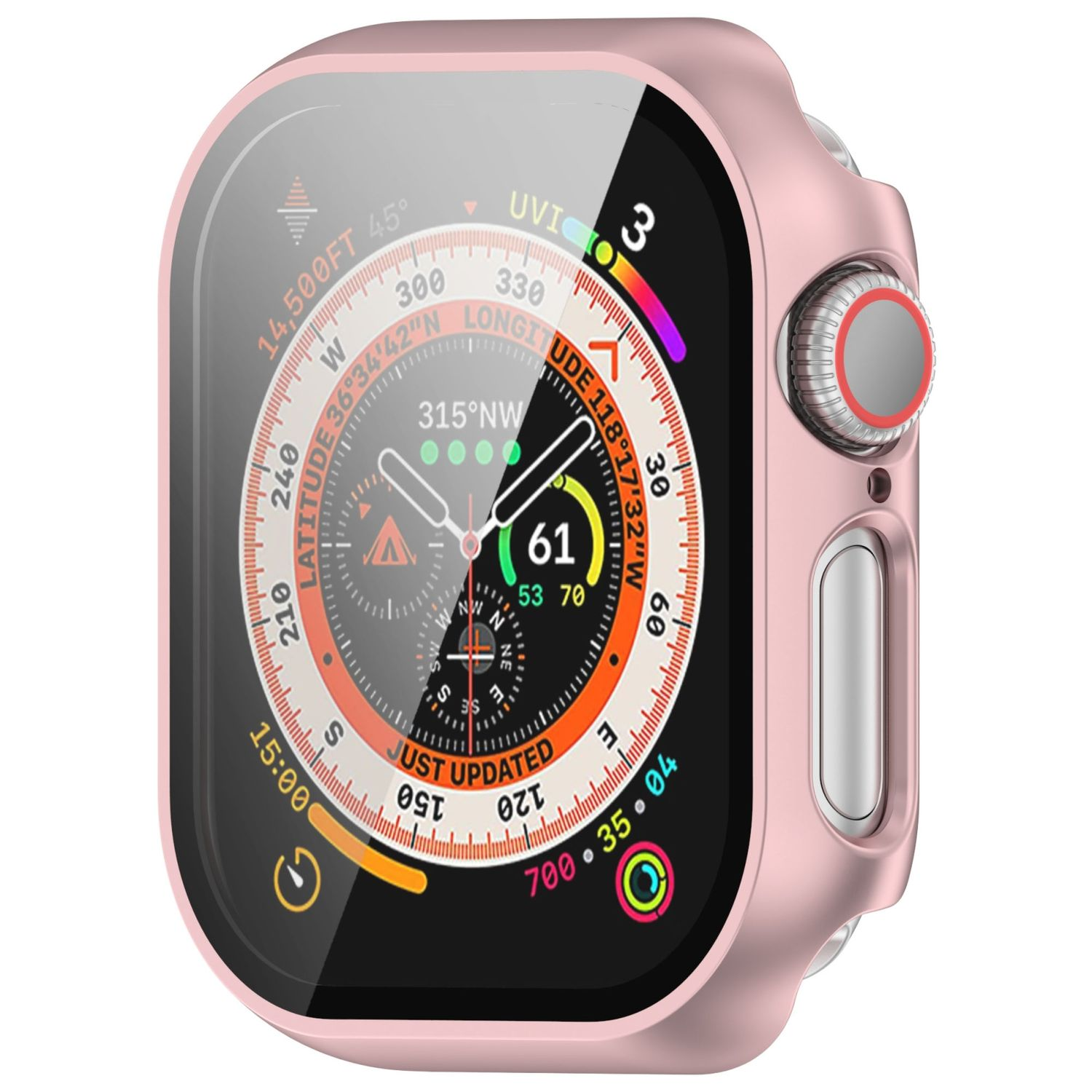 Rosafarbene Smartwatch mit detaillierter kompassartiger Anzeige, die Zeit und andere Metriken anzeigt.