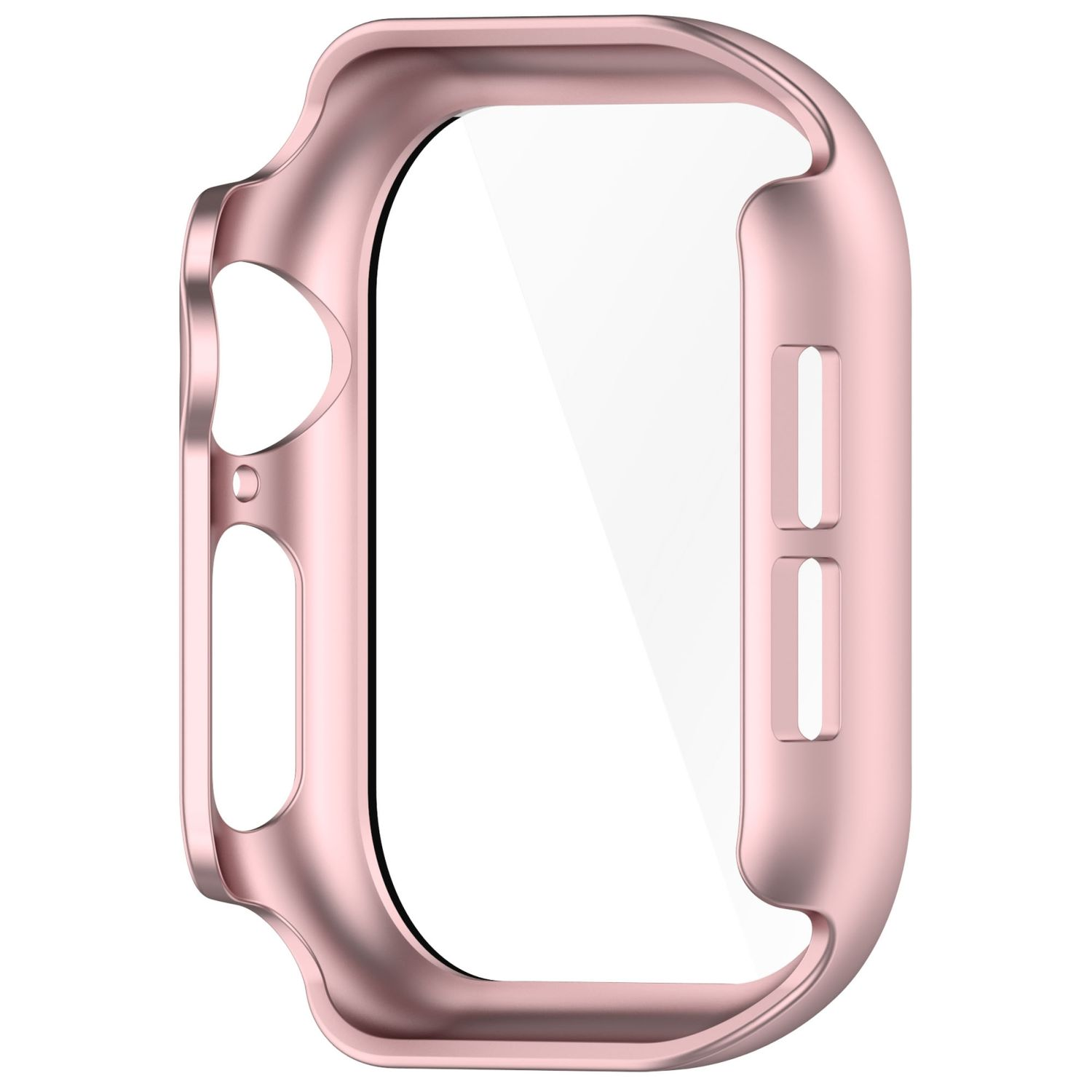 Ein roségoldenes Uhrengehäuse mit einem klaren Bildschirm, schützend für eine unsichtbare Smartwatch.