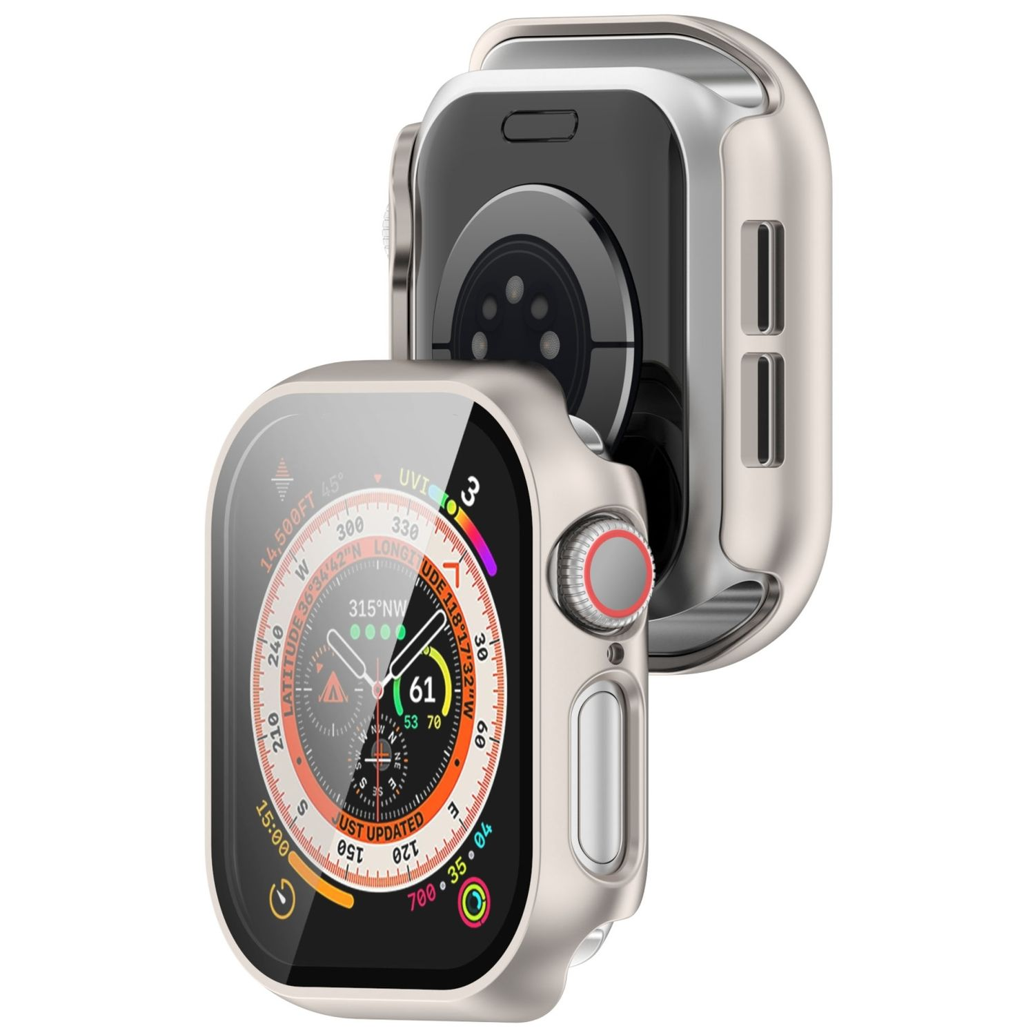 Zwei Smartwatches, eine offen. Silberne Gehäuse mit schwarzen Bildschirmen und rotem Knopf. Weißer Hintergrund.