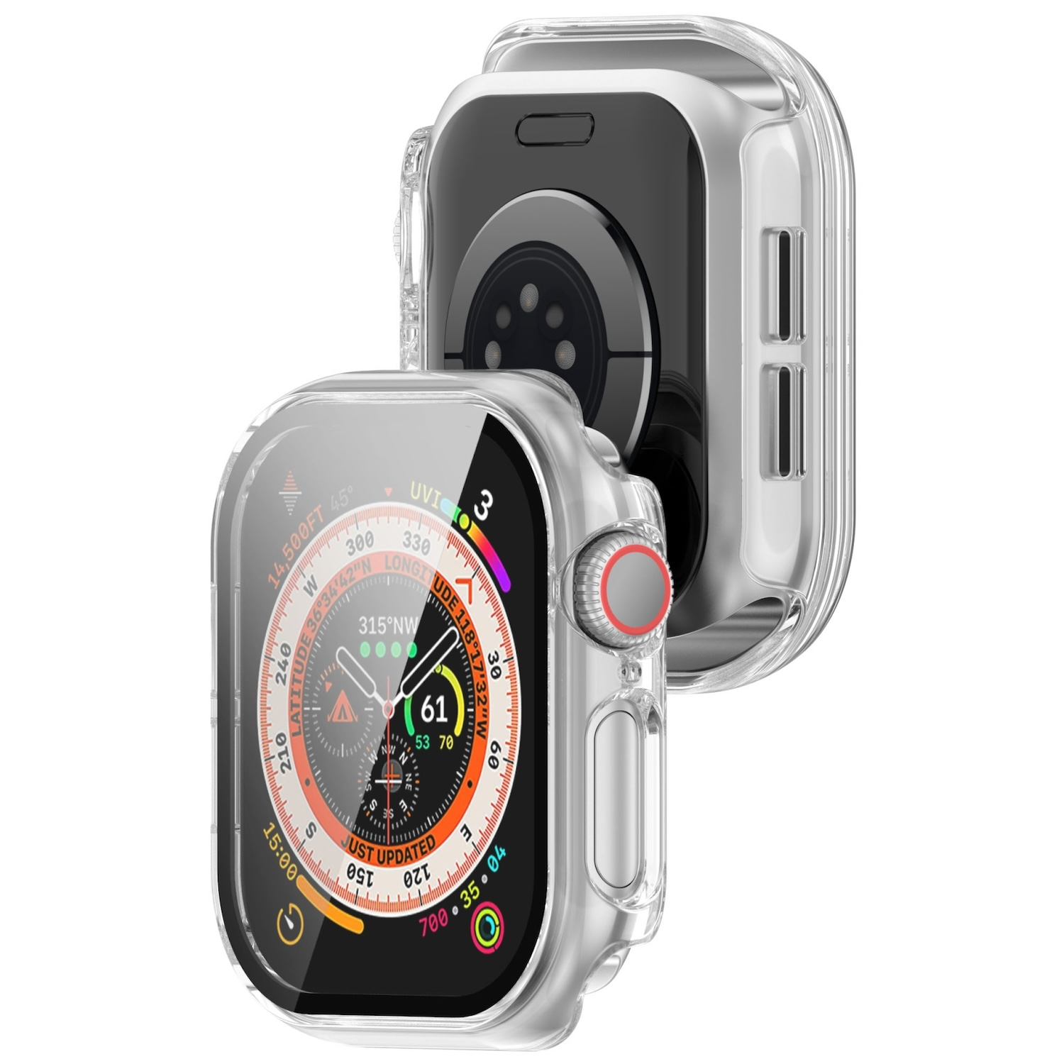 Zwei Apple Watches in transparenten Hüllen, eine mit Display, die andere leer.