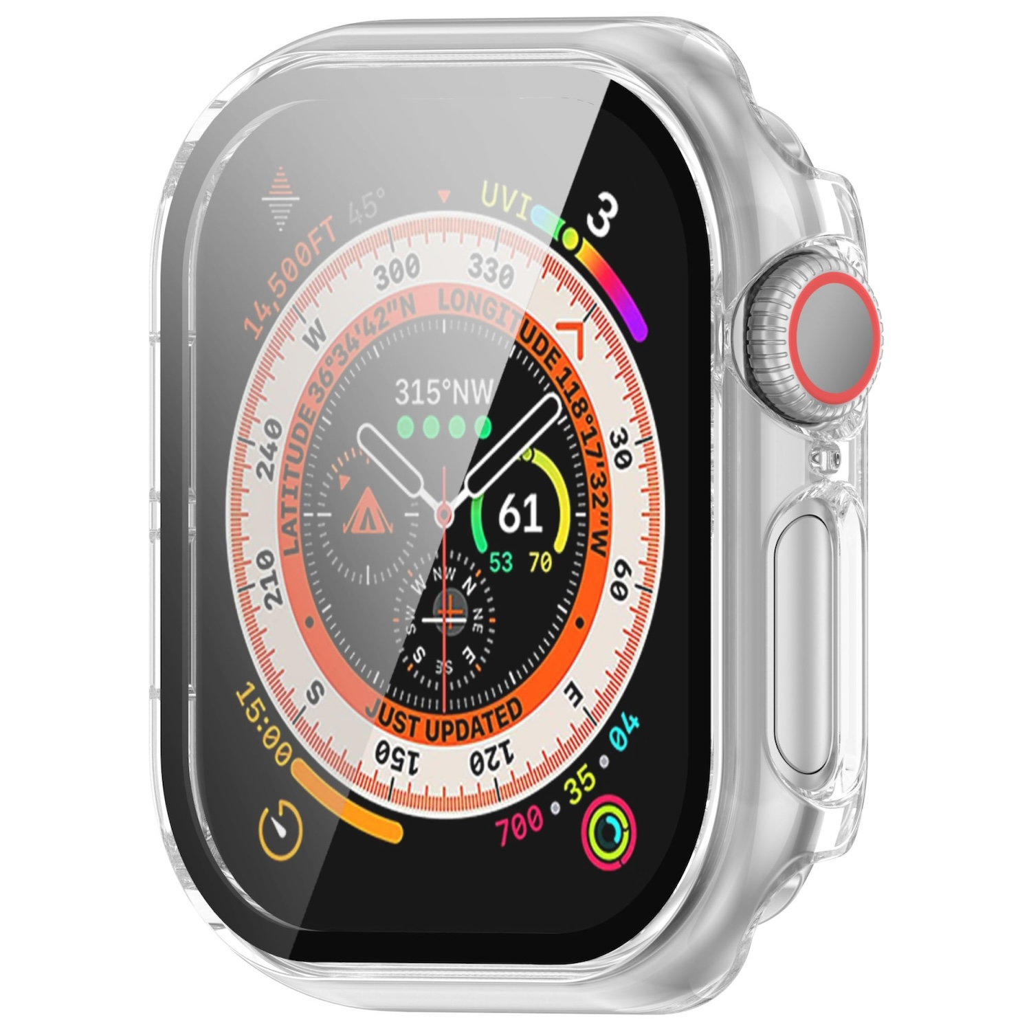 Eine Smartwatch mit transparentem Gehäuse, die das Zifferblatt zeigt. Kompass und Zeit werden angezeigt.