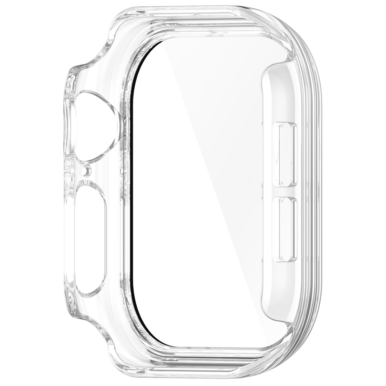 Ein durchsichtiges Uhrengehäuse, das den Umriss der Uhr zeigt. Das Gehäuse ist transparent.