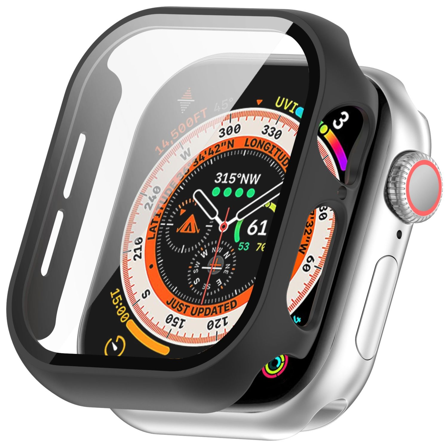 Eine silberne Apple Watch mit schwarzem Gehäuse und einem Bildschirm, der Informationen anzeigt. Weißer Hintergrund.