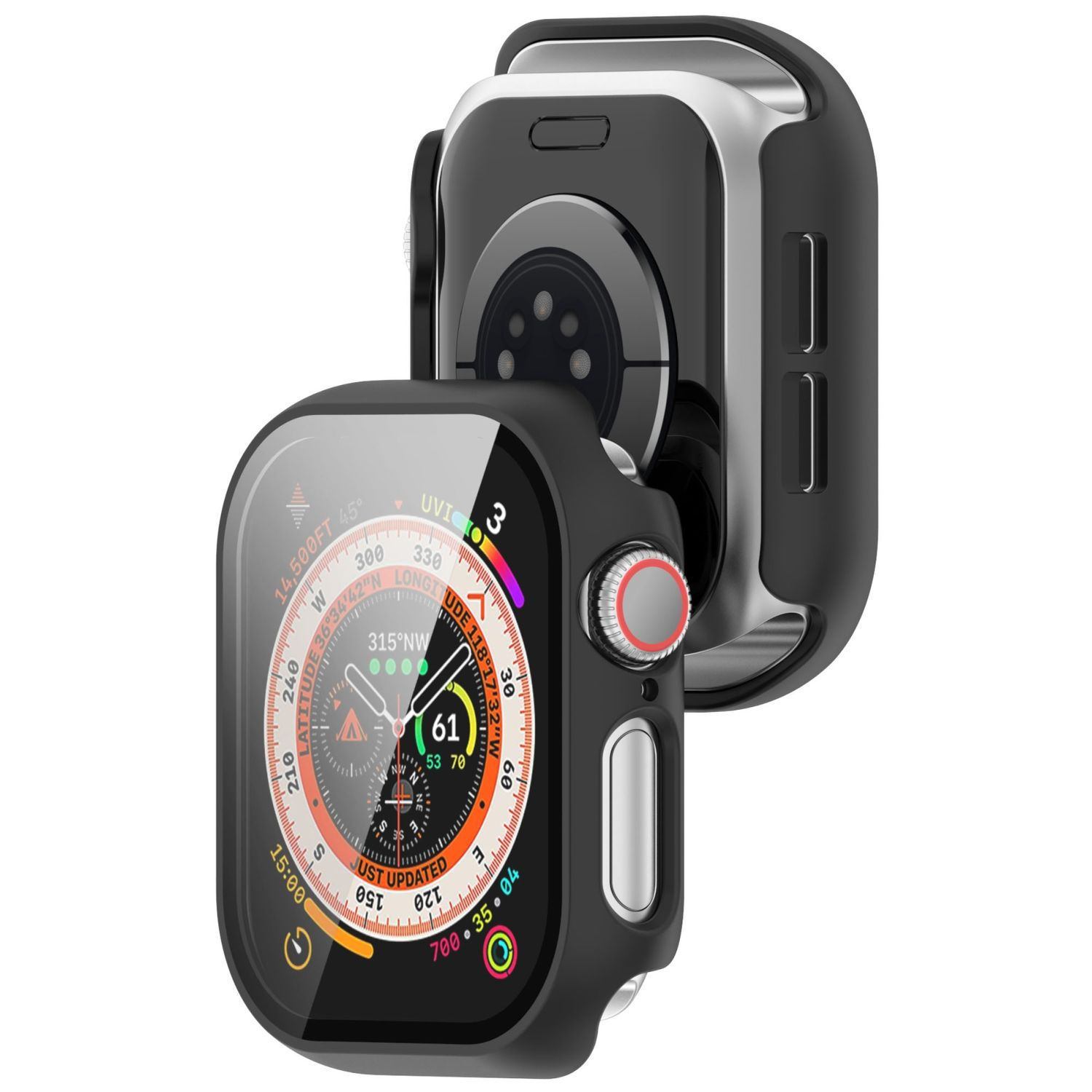 Schwarze Apple Watch mit schwarzem Gehäuse und rotem Knopf. Die Uhr liegt auf weißem Grund.