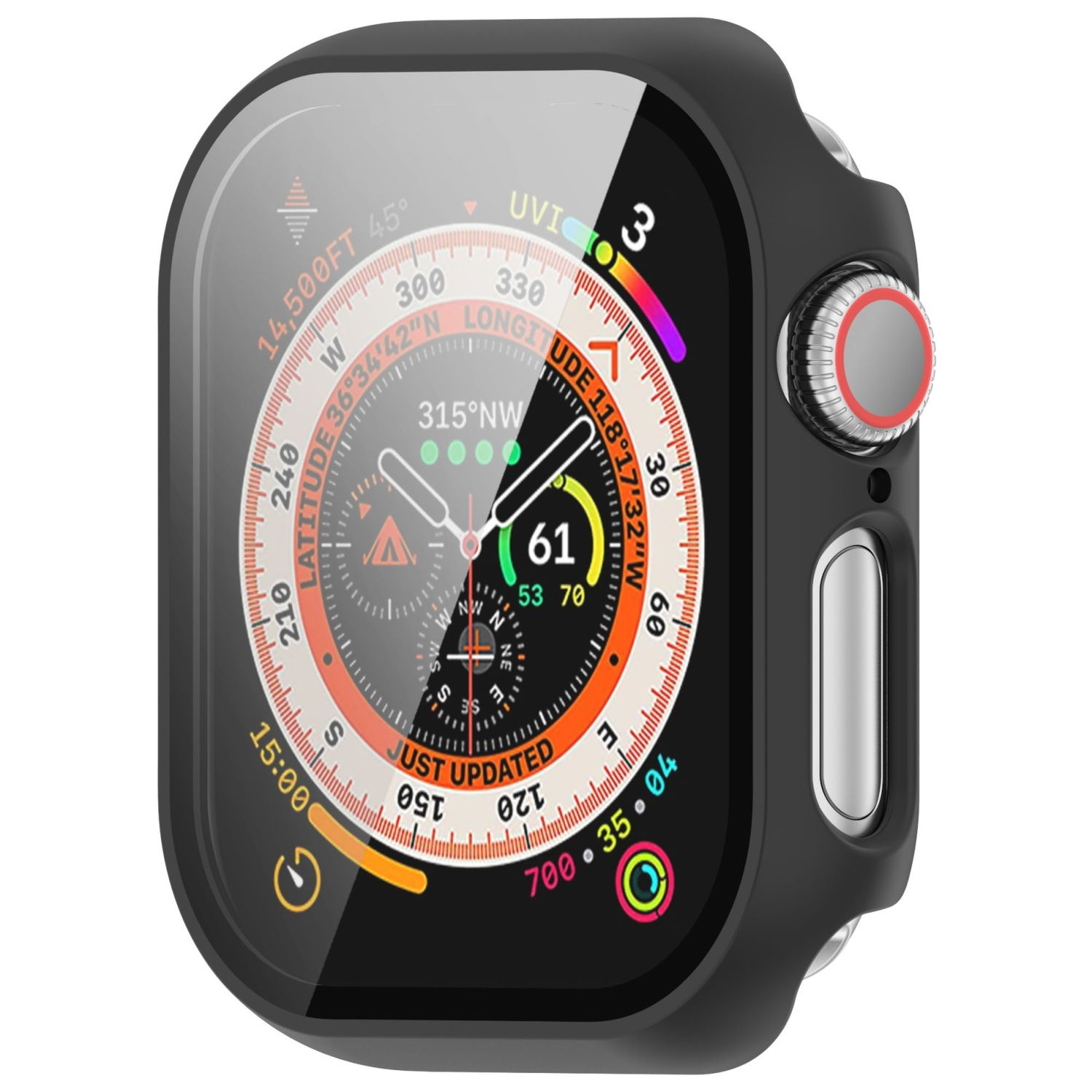 Eine schwarze Smartwatch mit farbigem Display, das Zeit und Kompassdetails zeigt, auf Weiß.