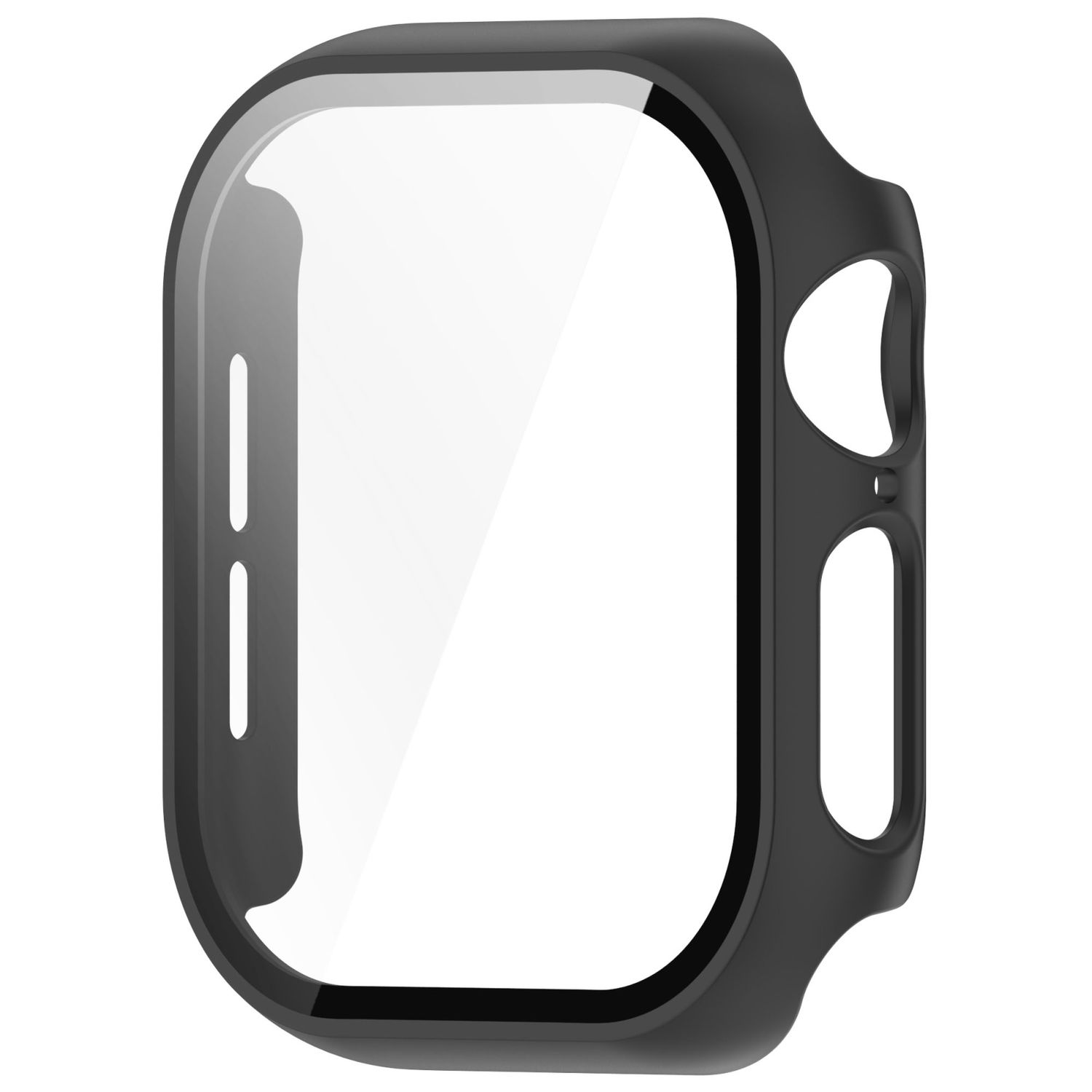 Schwarzes Apple Watch-Gehäuse mit klarer Displayschutzfolie, Nahaufnahme.