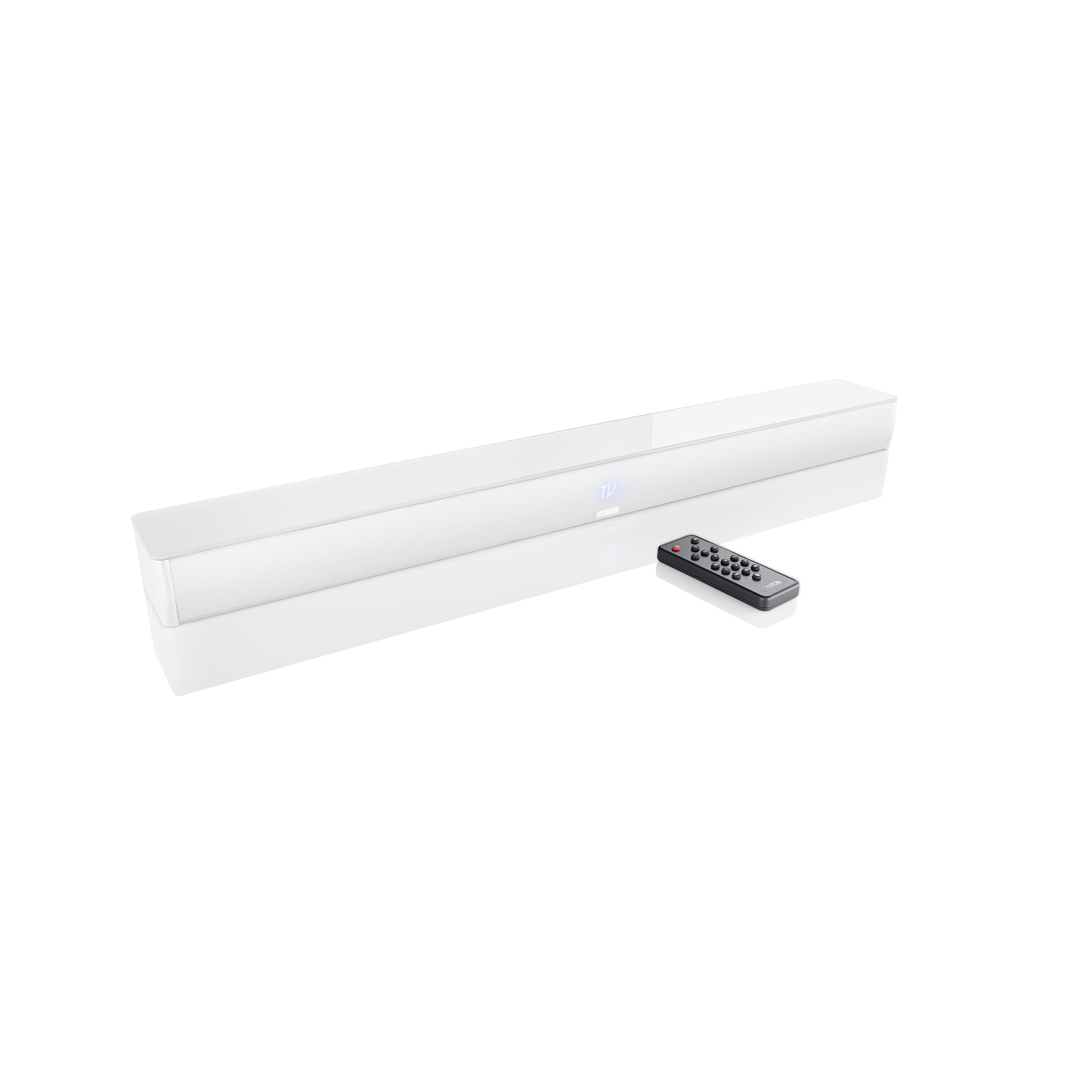 Biały soundbar z pilotem na białej powierzchni. Soundbar ma tekst.
