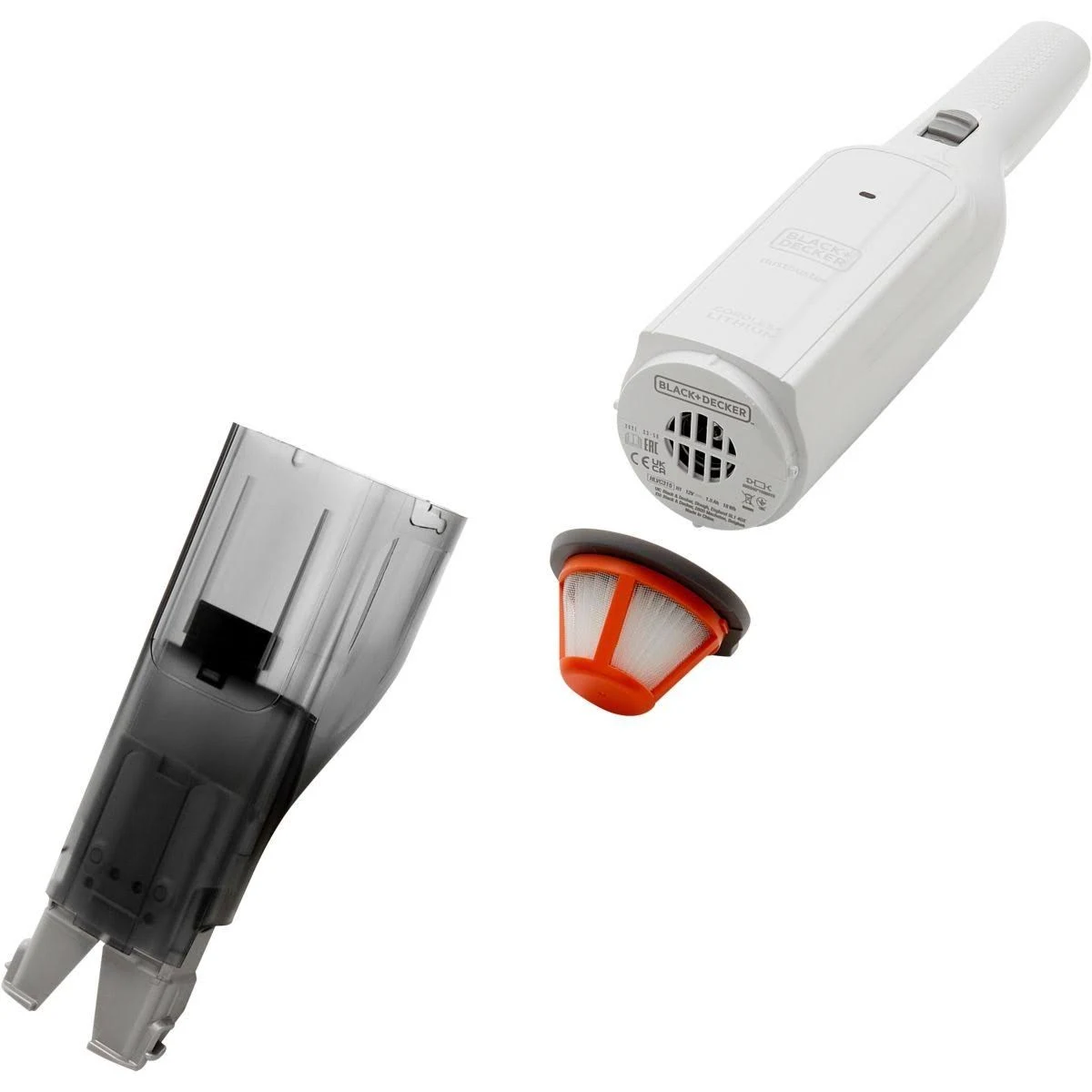 Un aspirapolvere portatile Black+Decker smontato con filtro e contenitore della polvere.