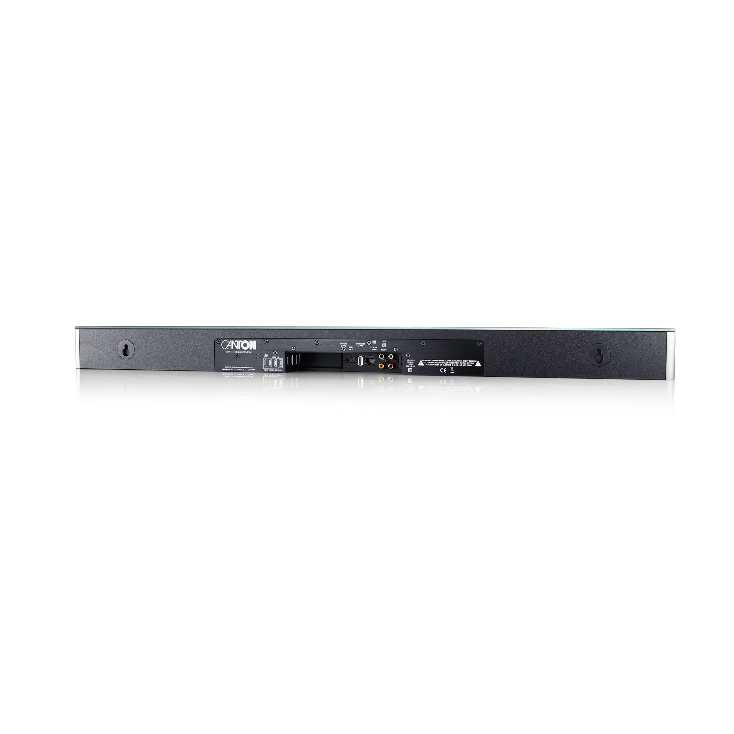Schwarze Soundbar mit mehreren Anschlüssen auf weißem Hintergrund.