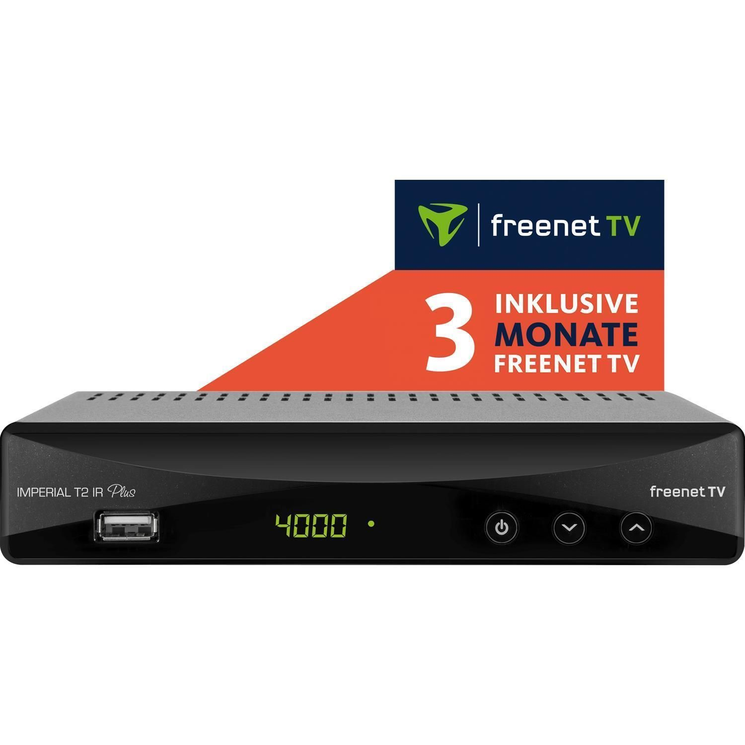 Schwarze Set-Top-Box mit Bildschirm, Knöpfen und Freenet TV Logo.