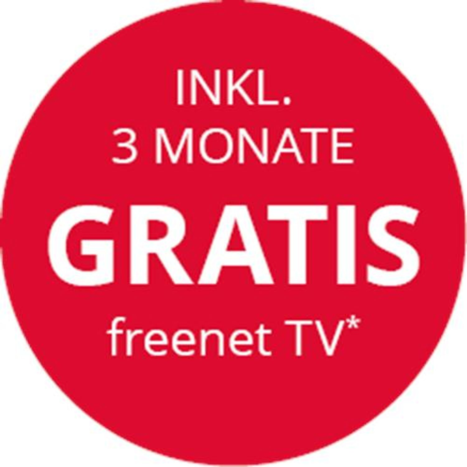 Rote kreisförmige Grafik mit Text: 3 Monate gratis freenet TV.