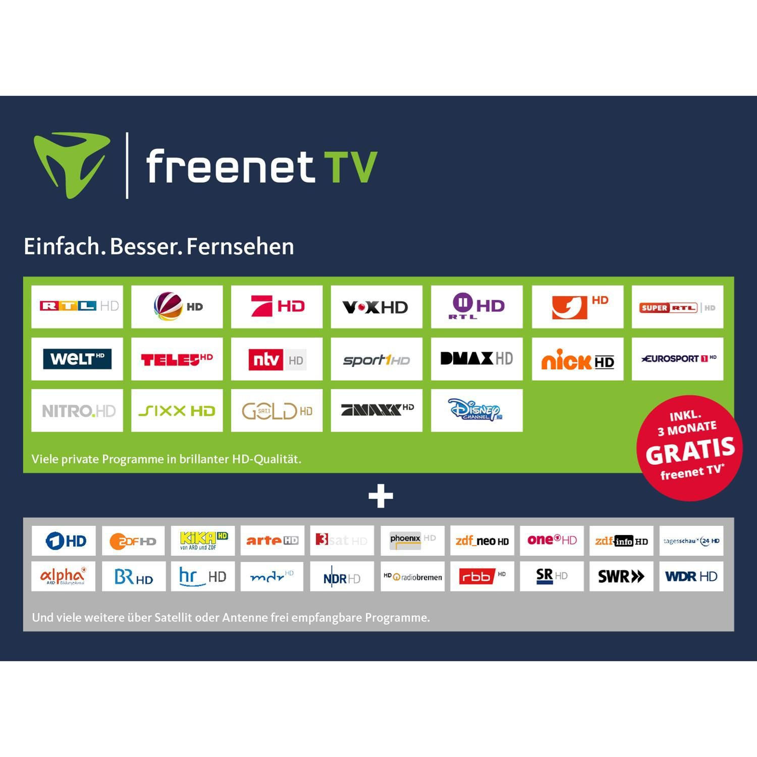 Grafik zeigt TV-Sender mit grünem Logo für freenet TV. Text weist auf HD-Qualität hin.