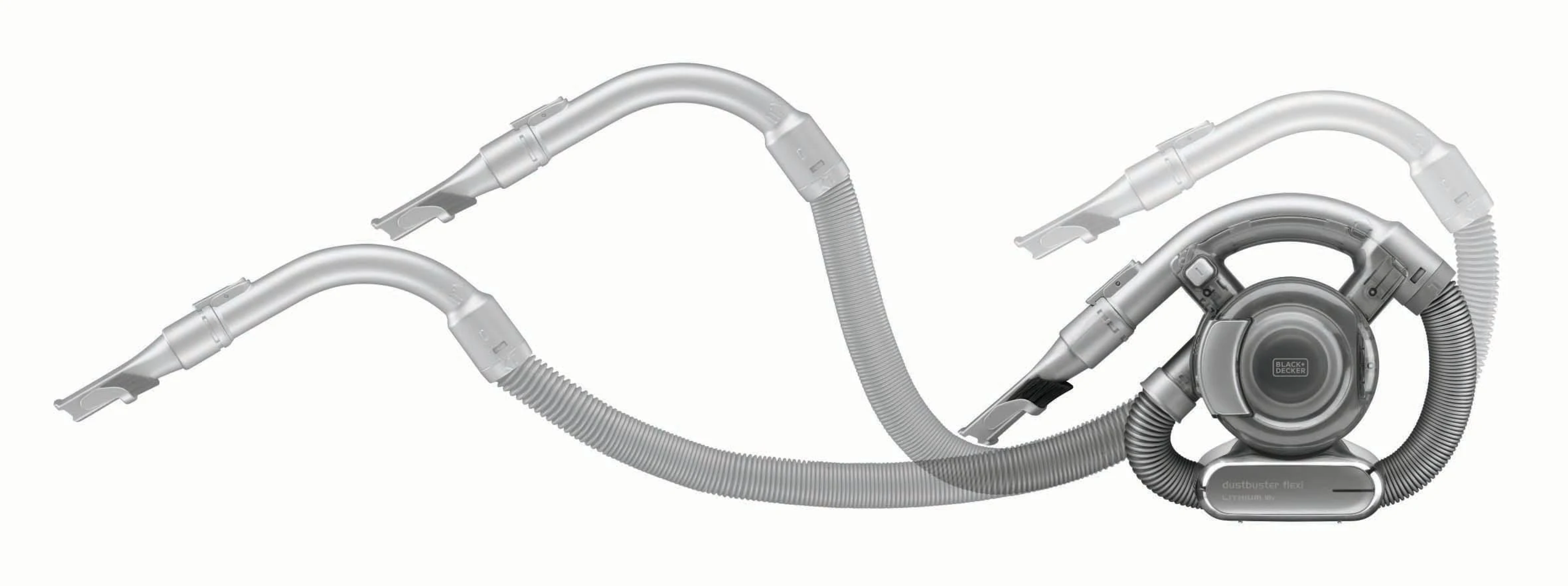 Odkurzacz ręczny Black & Decker z akcesoriami. Szare, zakrzywione nasadki rurowe połączone z okrągłą podstawą.