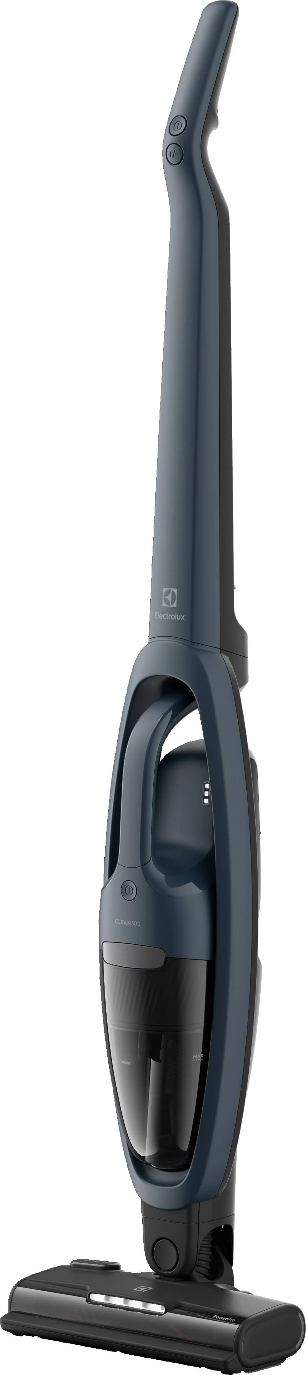 Una aspiradora inalámbrica azul y gris, vertical con un mango.