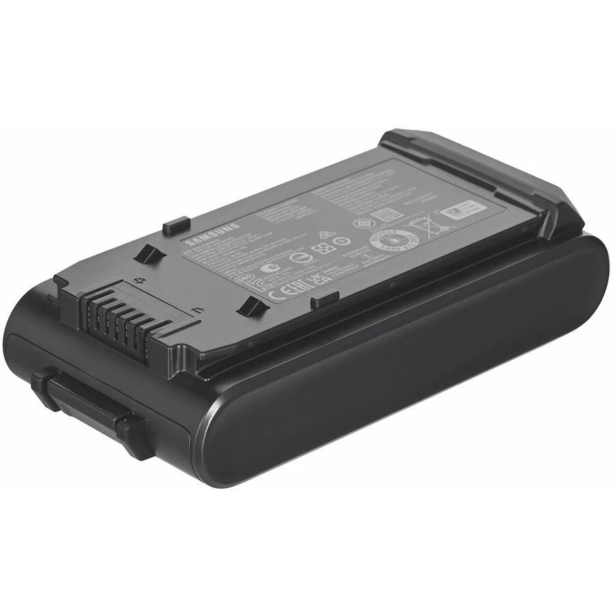 Czarny akumulator do odkurzacza Samsung. Ma logo Samsung i inne oznaczenia.