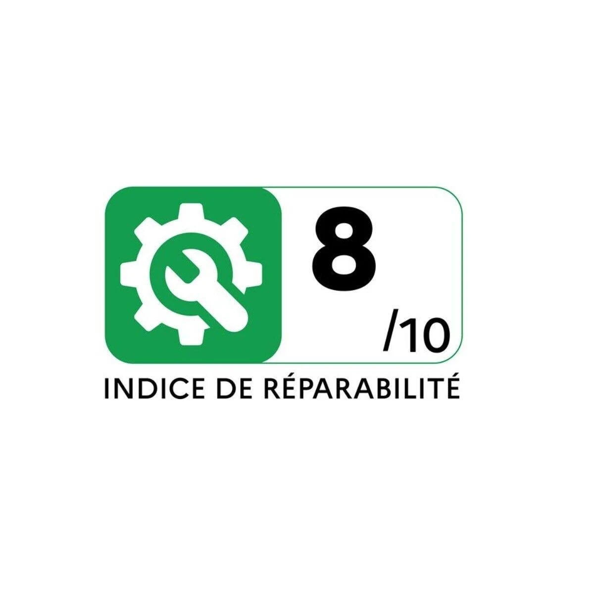 Un'etichetta indice di riparabilità verde e bianca che mostra un ingranaggio e una chiave, punteggio 8/10.