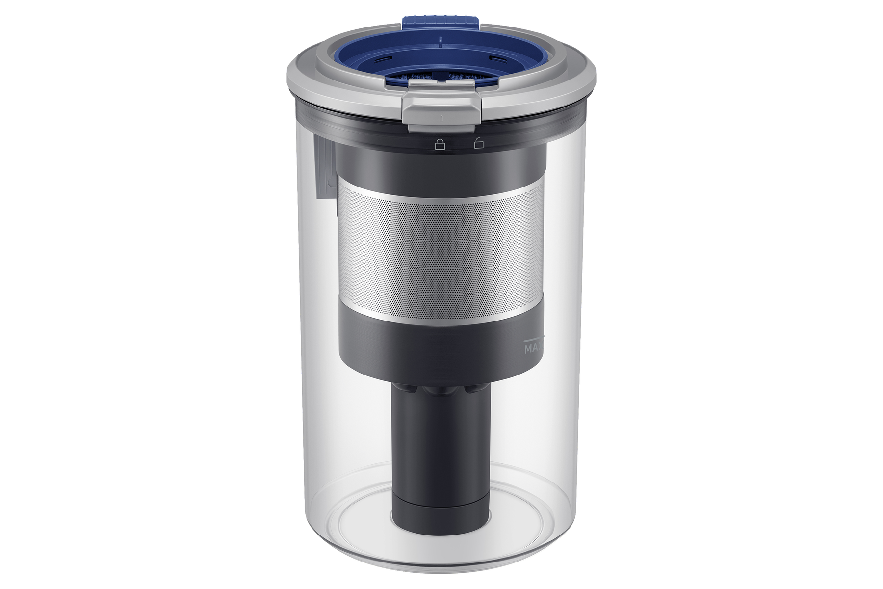 Contenitore trasparente per un aspirapolvere. Ha un filtro a rete e un coperchio blu.