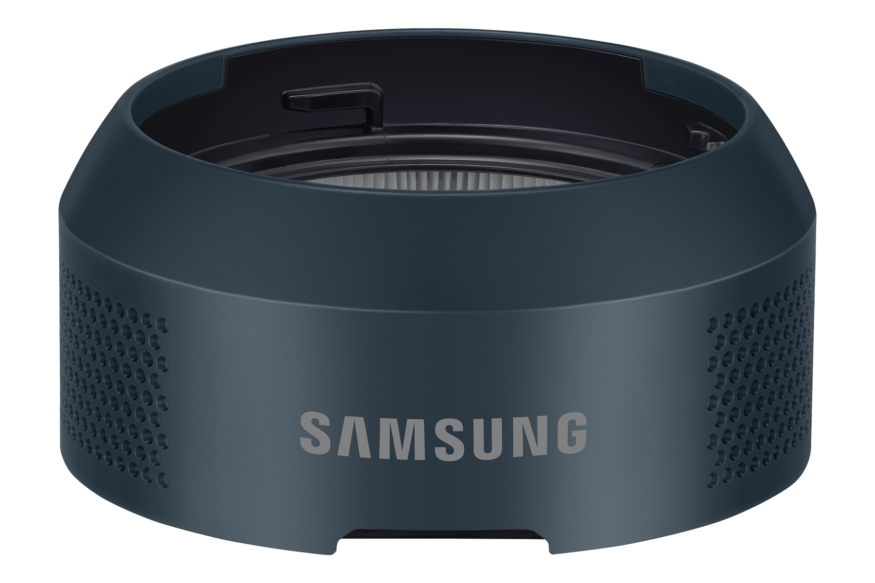 Filtro antipolvere Samsung blu-grigio. Forma circolare con prese d'aria a nido d'ape laterali e logo Samsung grigio.