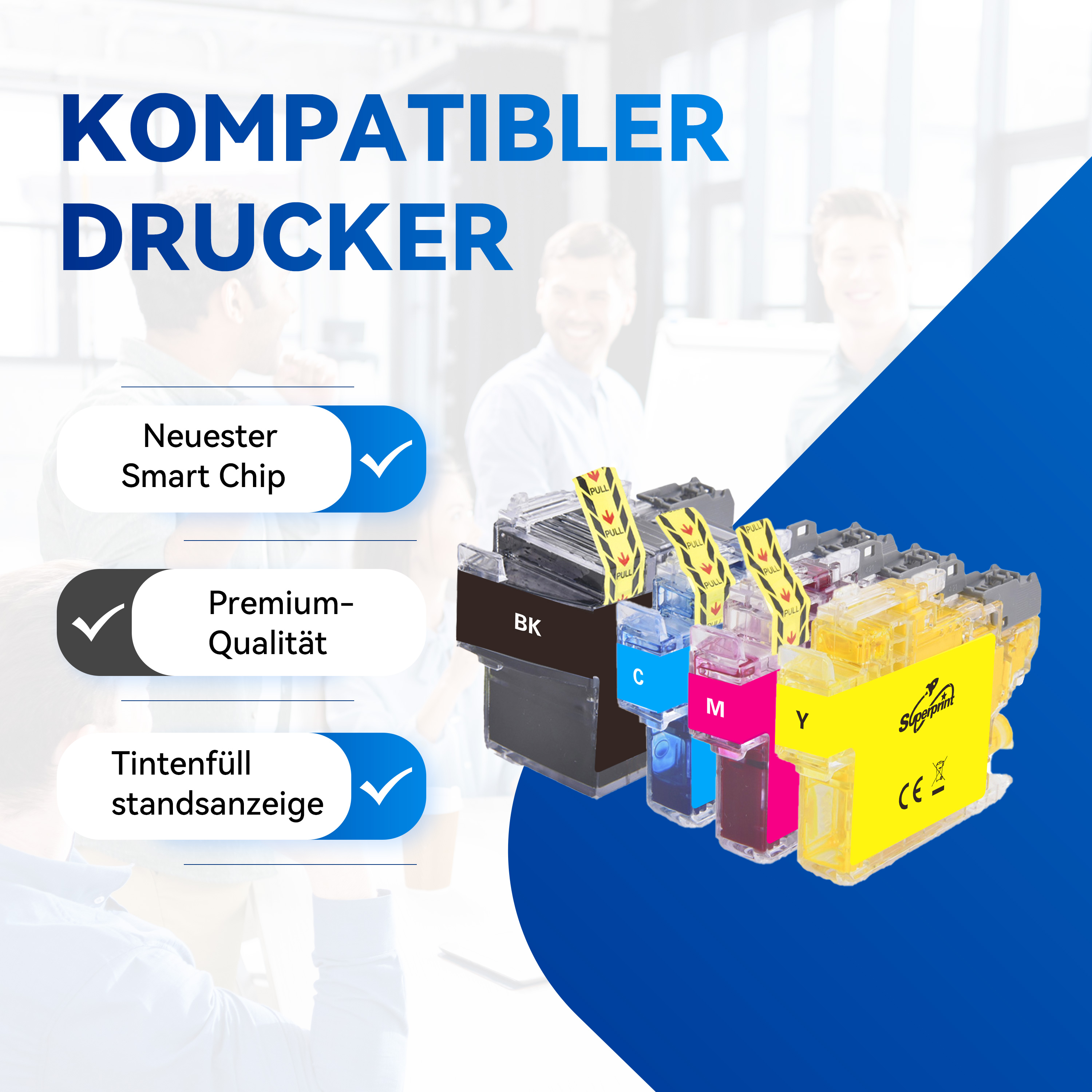 Inktcartridges in verschillende kleuren en tekst 'Compatibele printer'.