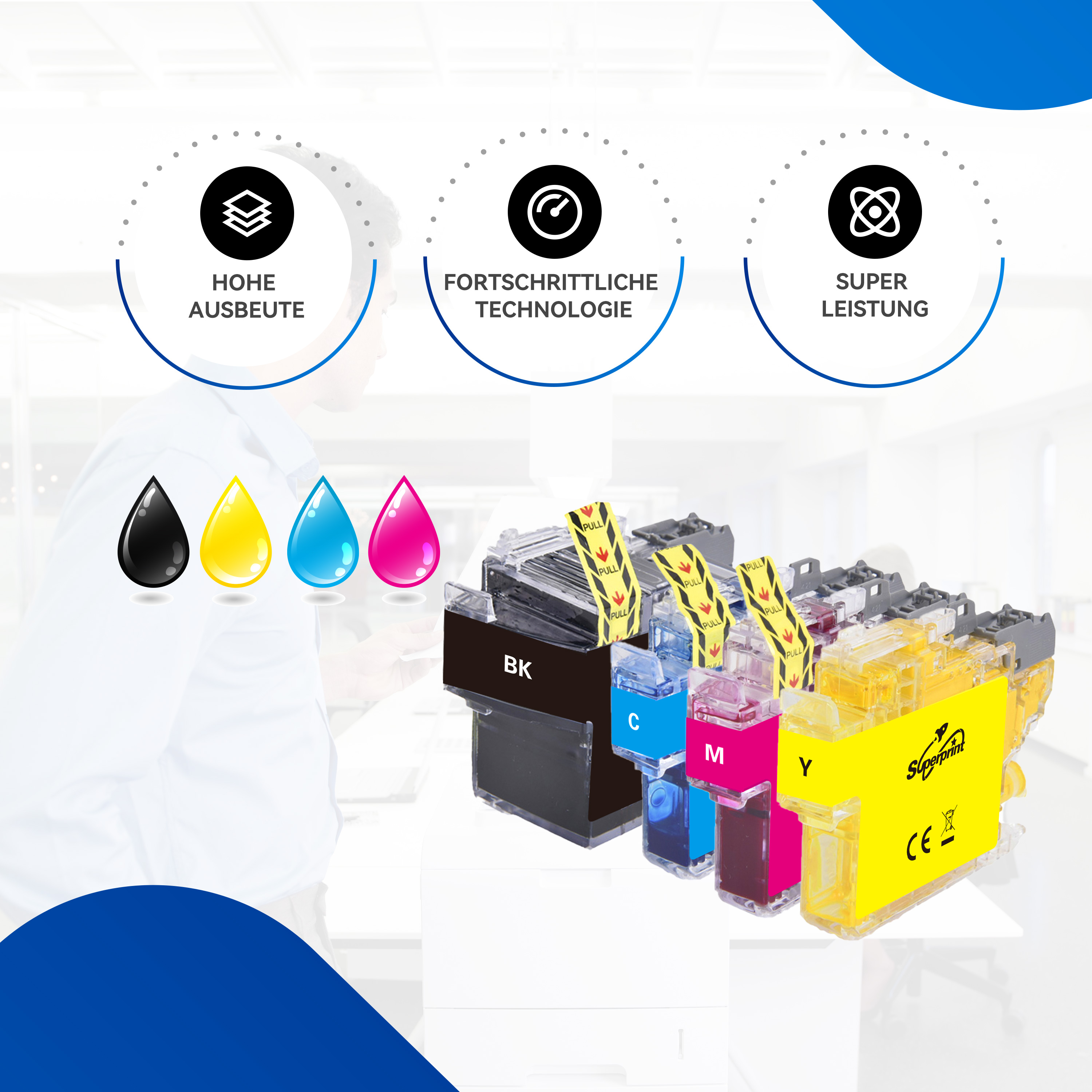 Inktpatronen voor printers met tekstlabels en een blauwe achtergrond, met wat inktdruppels.