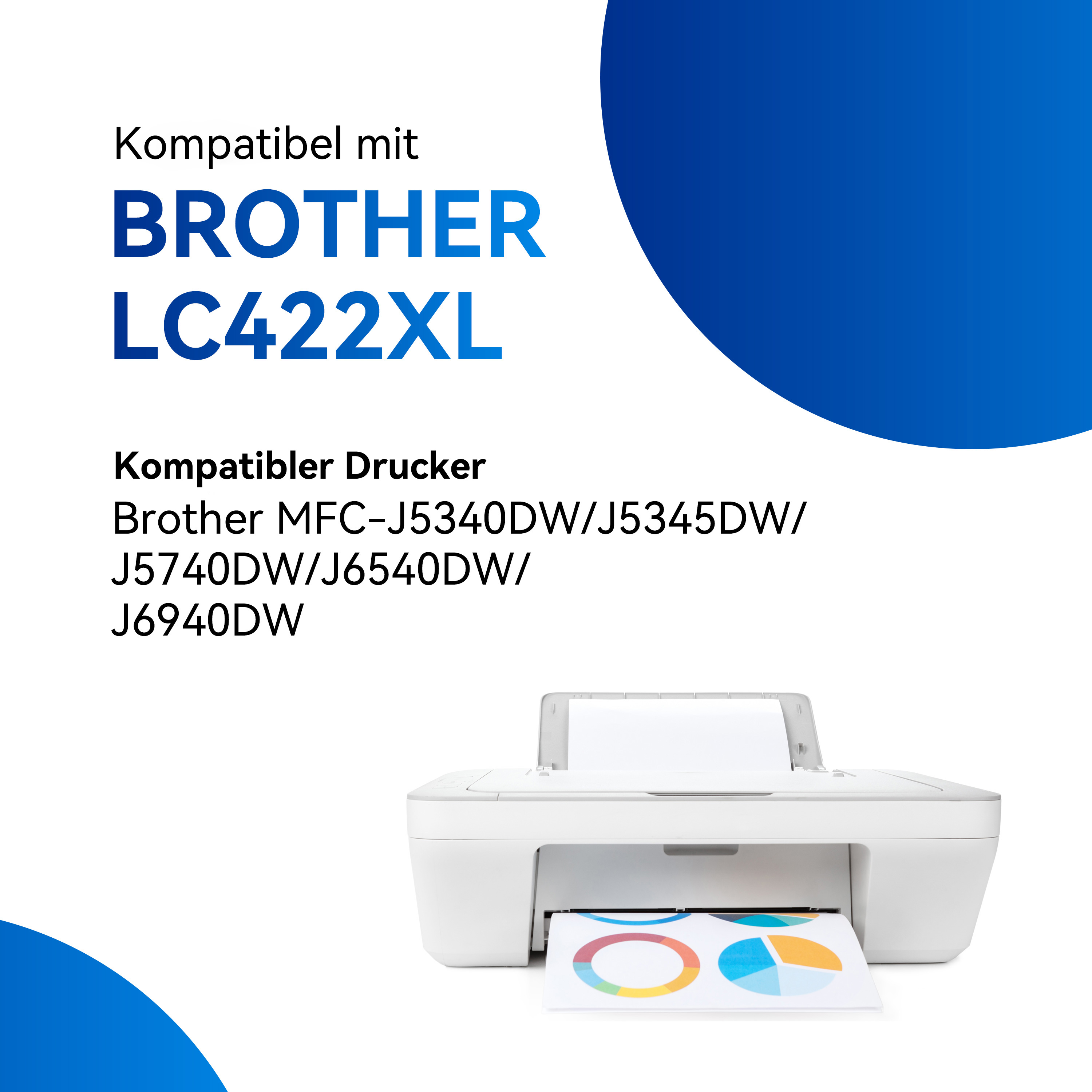 Witte printer met een kleurrijk document. Tekst: Compatibel met BROTHER LC422XL.
