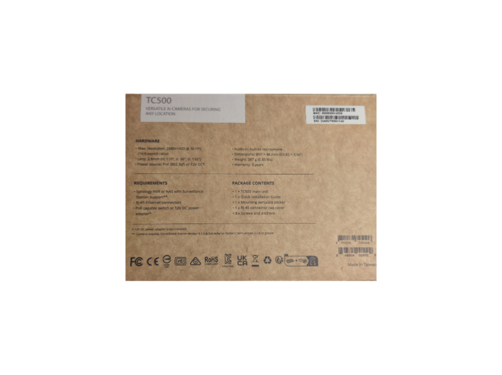 Kartónowe pudełko z tekstem i kodem kreskowym. To czarne tło z białym tekstem.