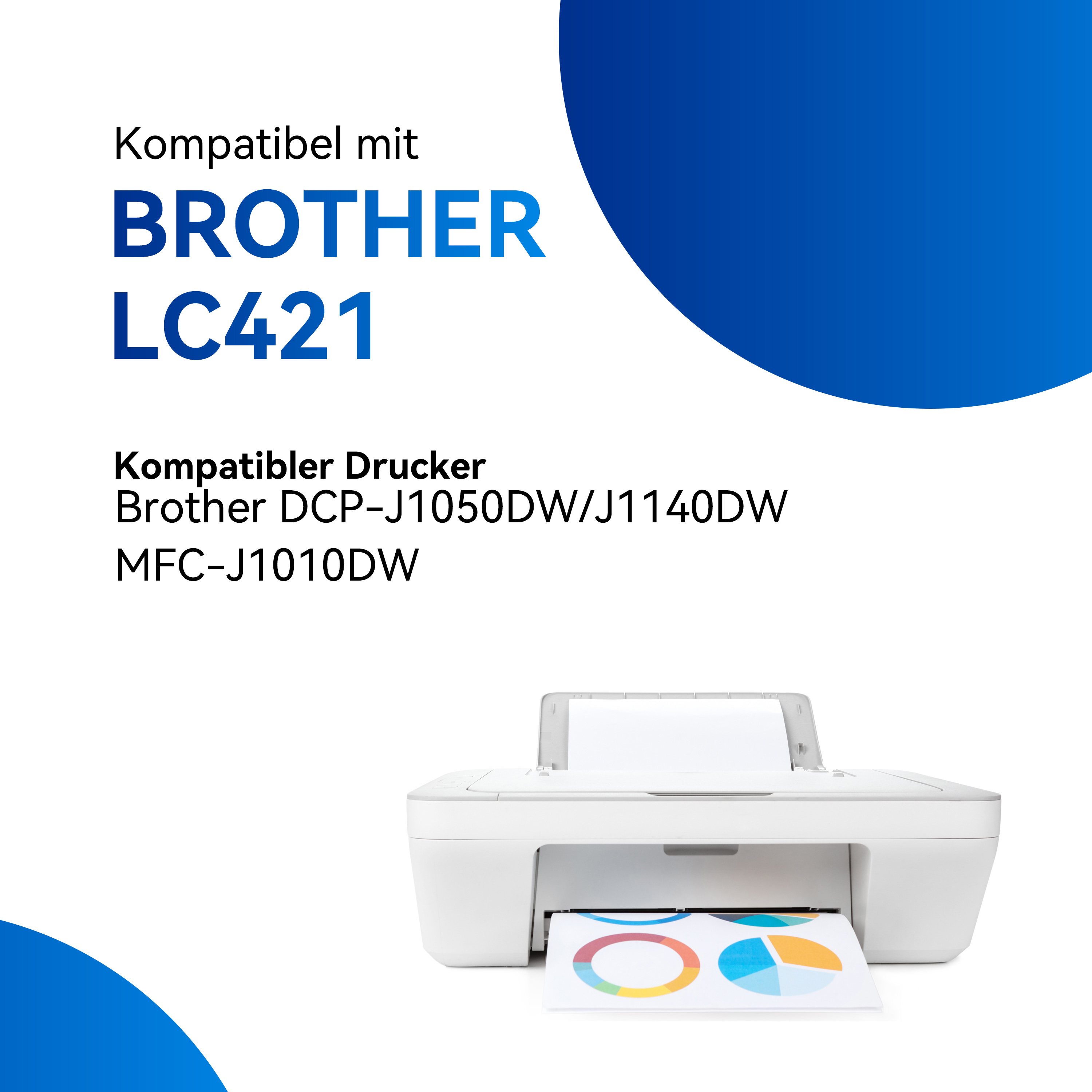 Een witte printer met een bedrukte pagina en tekst over compatibiliteit en printermodellen.