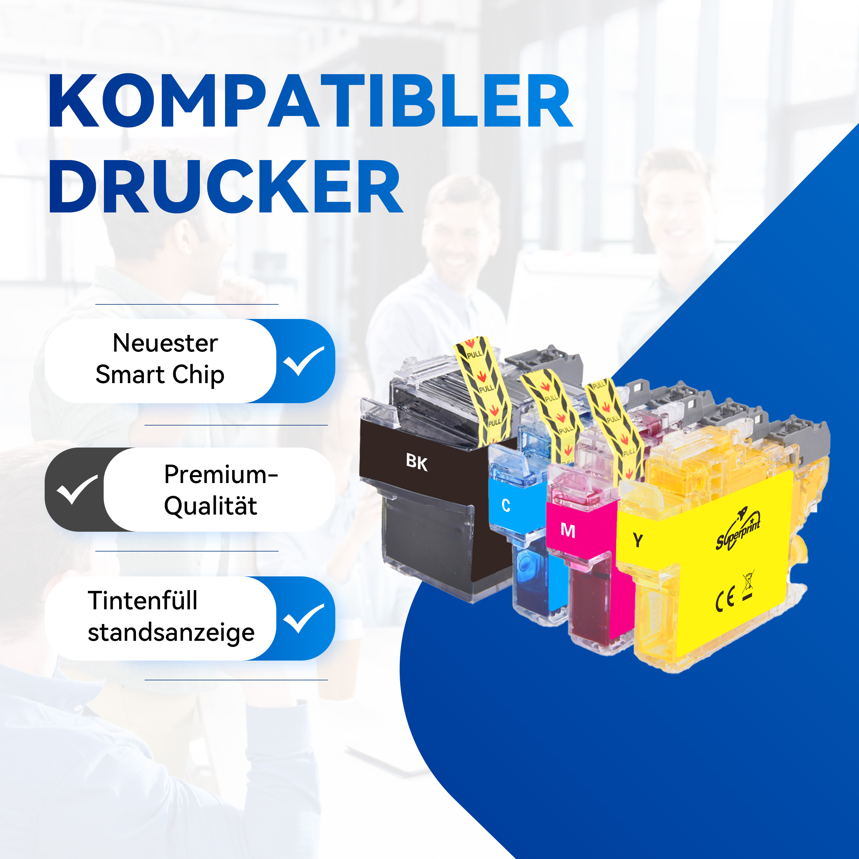Inktcartridges voor een printer. Tekst toont 'Nieuwste Smart Chip', 'Premium Kwaliteit', 'Inkthoeveelheid'.