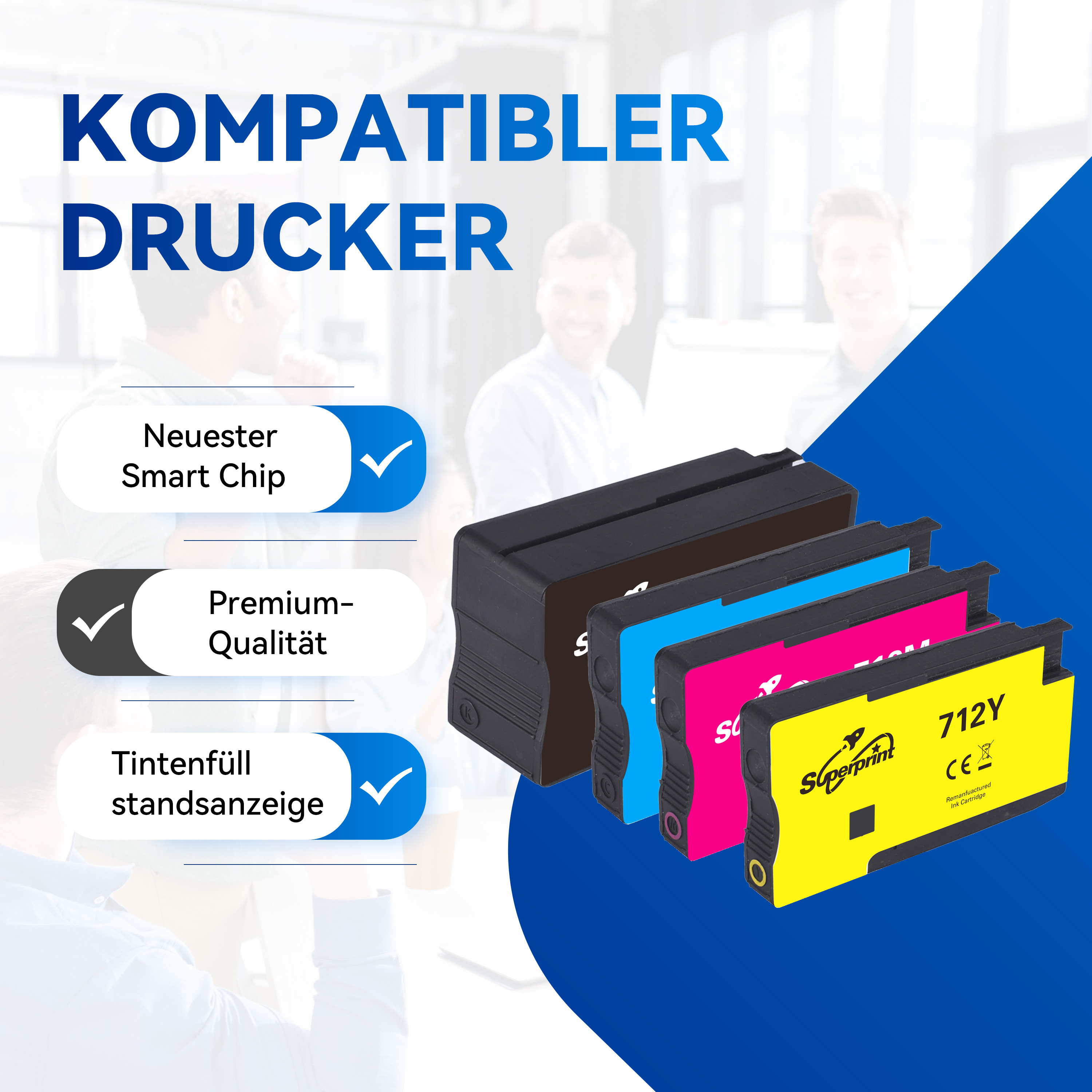 Inktcartridges in zwart, blauw, magenta en geel met tekst en vinkjes, op een blauwe achtergrond.