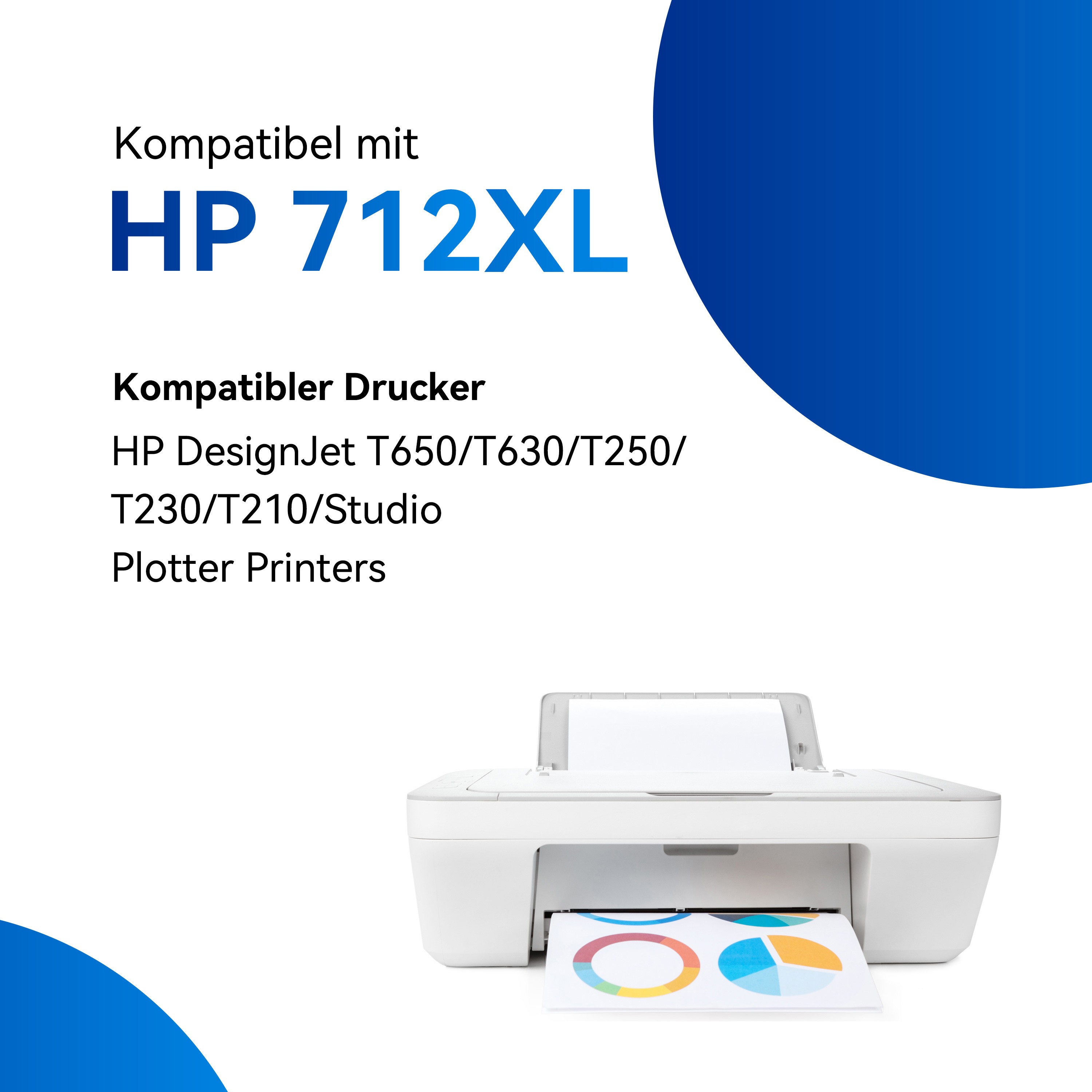 Witte printer met papieruitvoer, blauw-witte achtergrond, tekst: HP 712XL, compatibele printers vermeld.