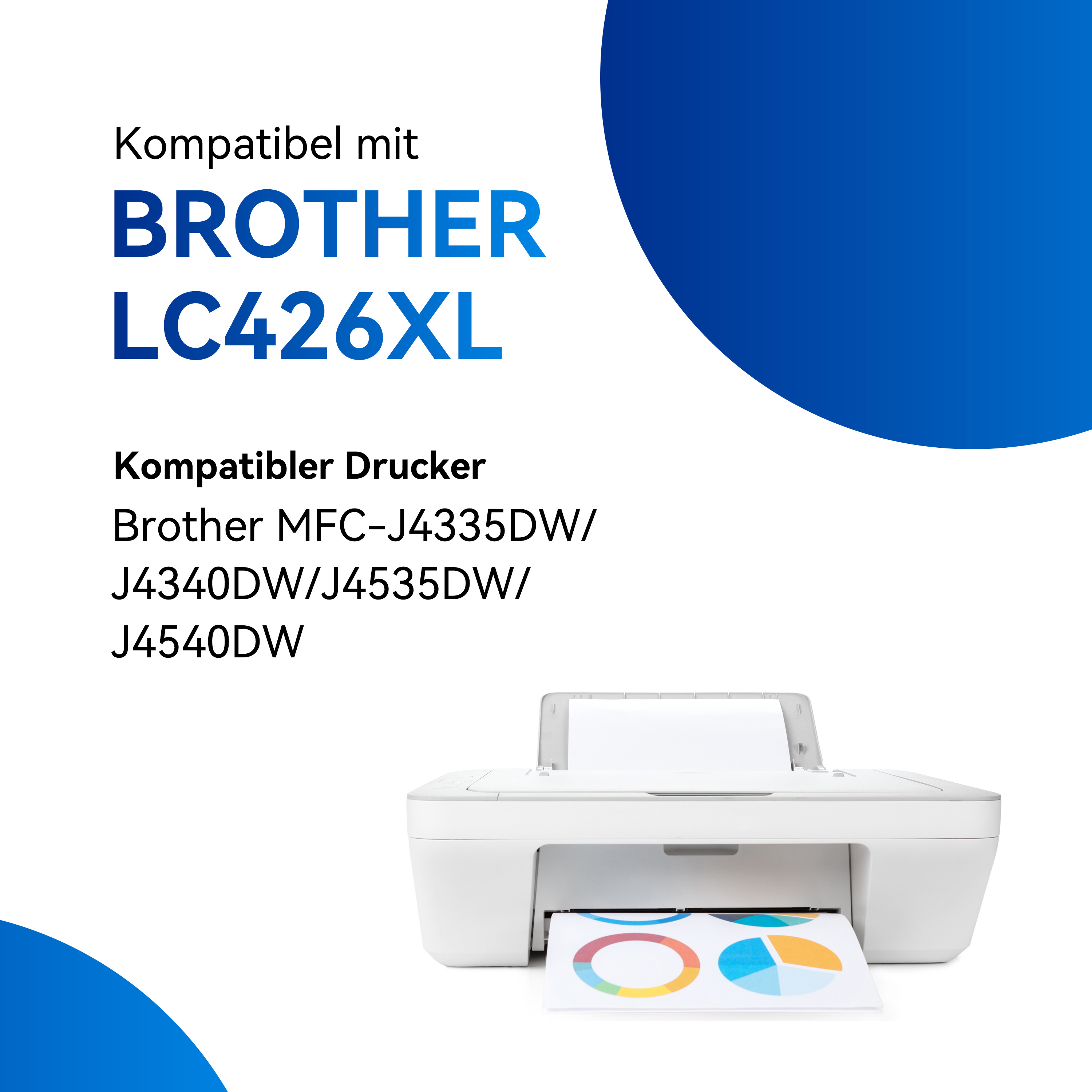 White printer with a colorful printout. Text states it's compatible with Brother LC426XL.