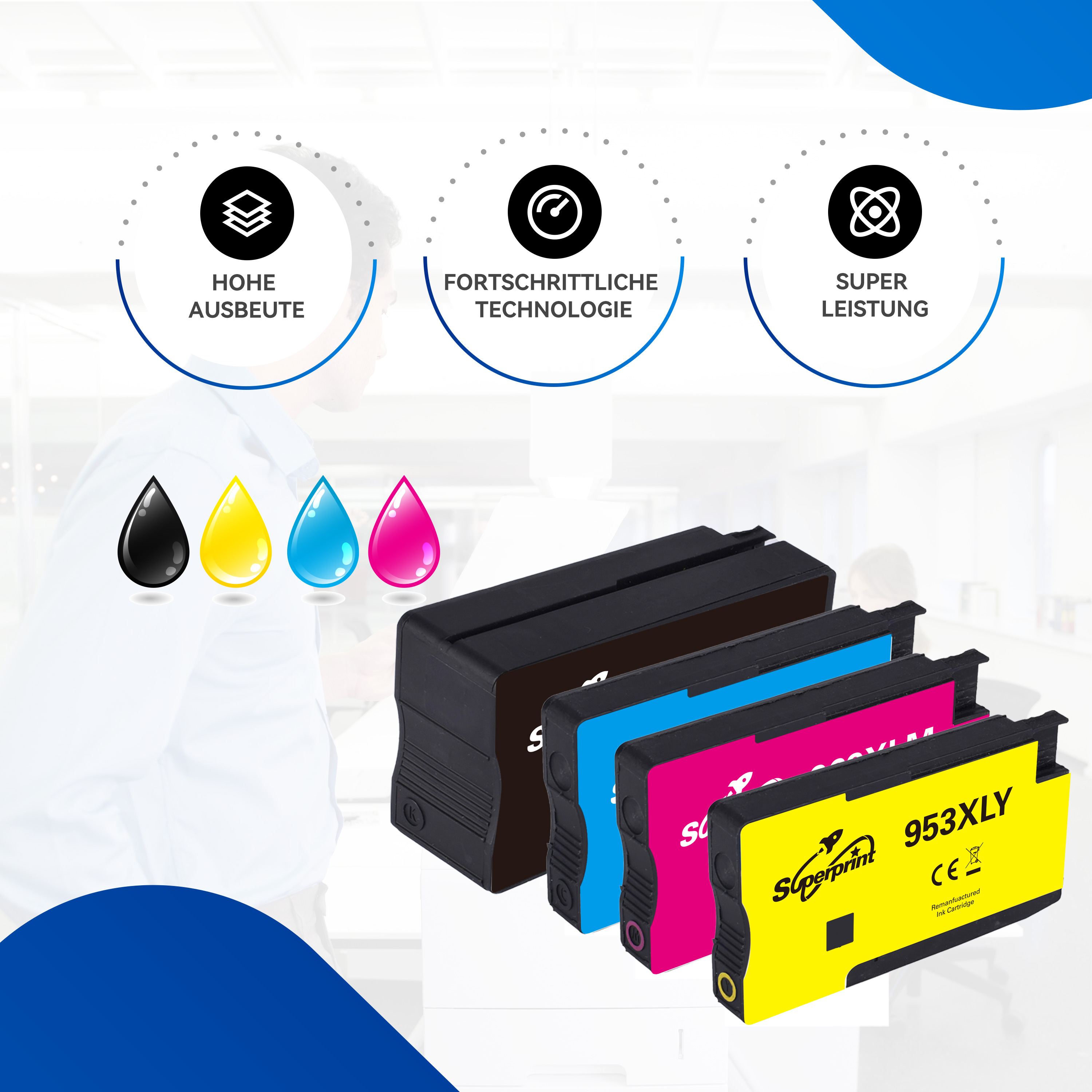 Inkjetprintercartridges in zwart, cyaan, magenta en geel.