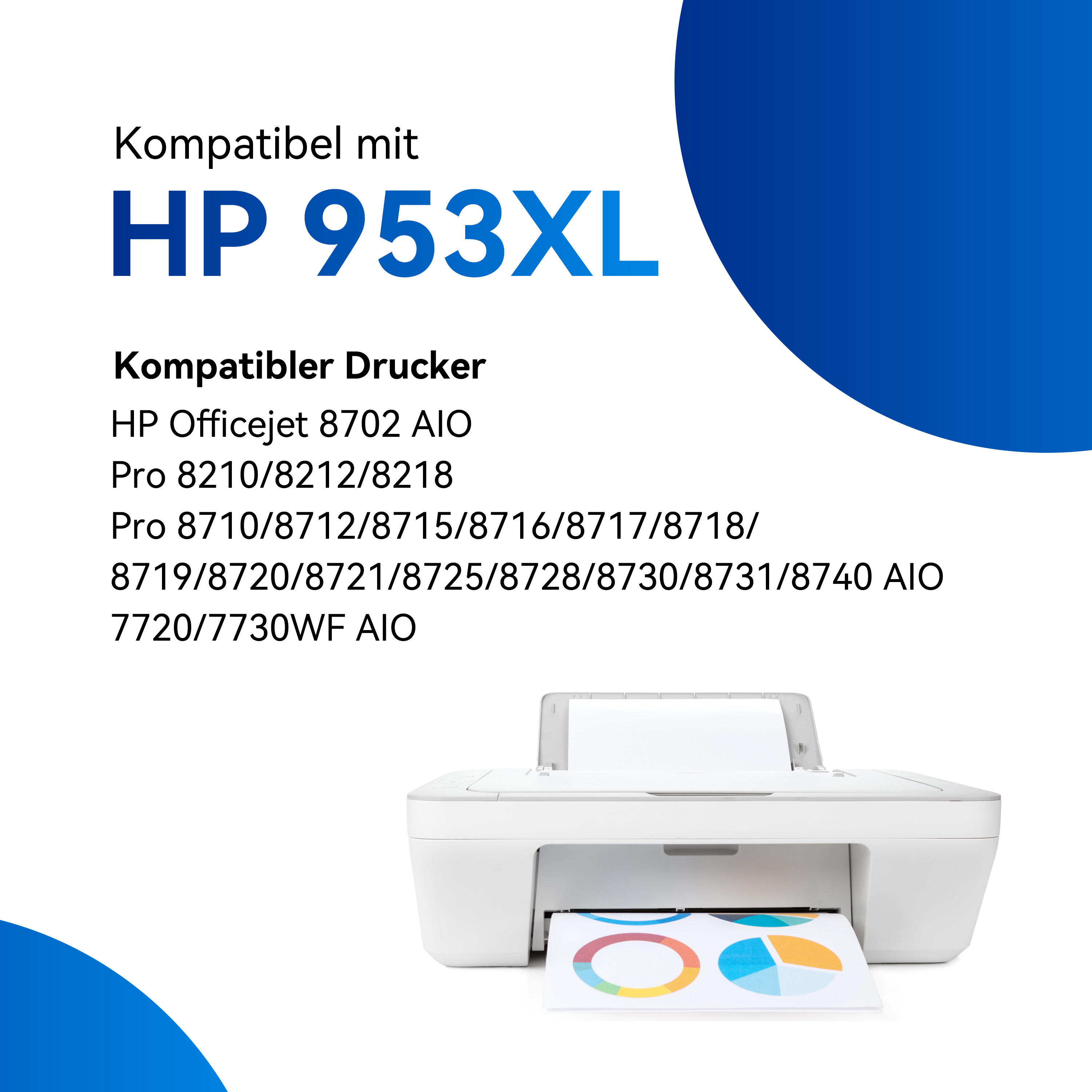 Een witte HP-printer met een bedrukt papier erin, met blauwe en witte grafische elementen.