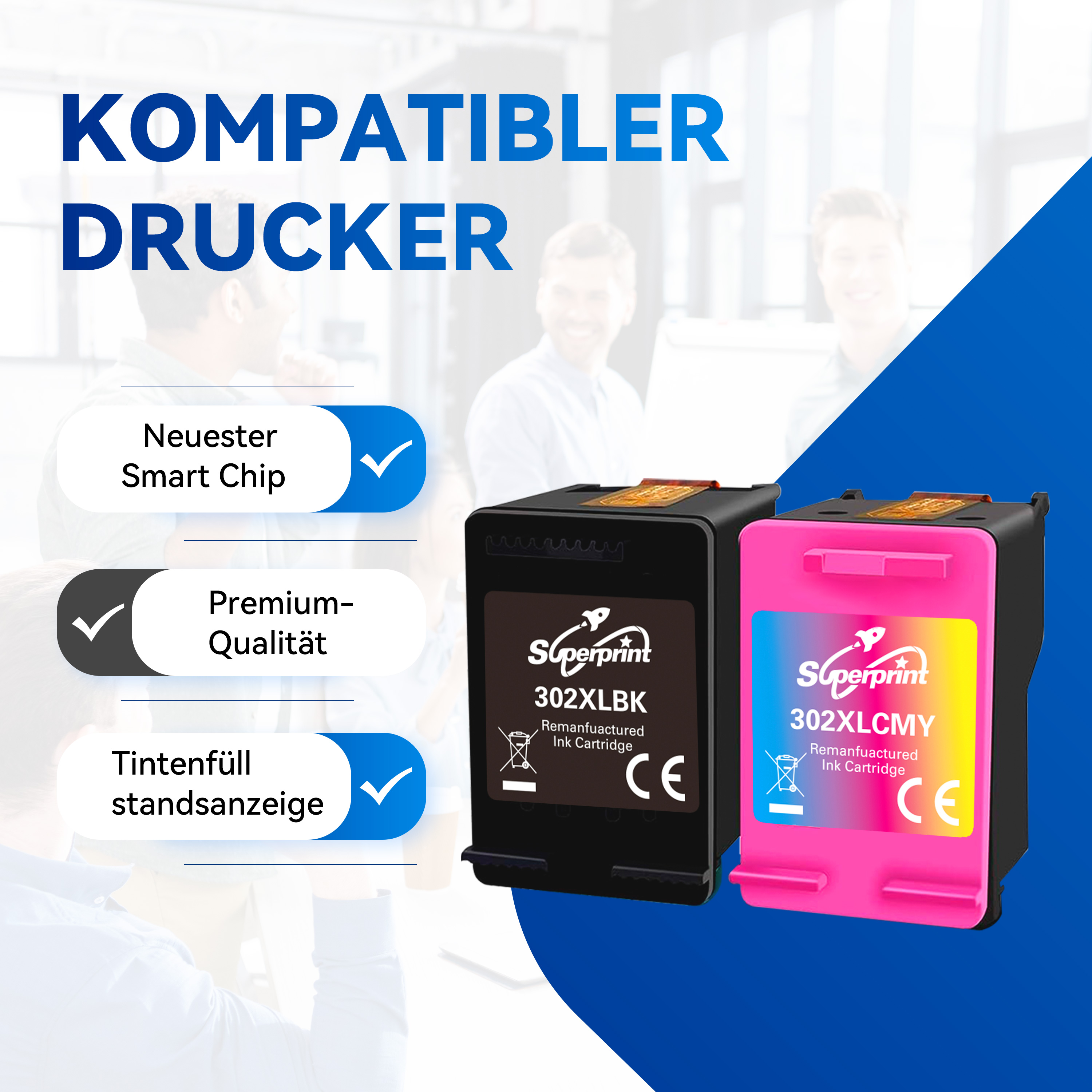 Twee inktcartridges met tekstlabels. Eén zwart, één roze en geel. De tekst zegt Superprint.