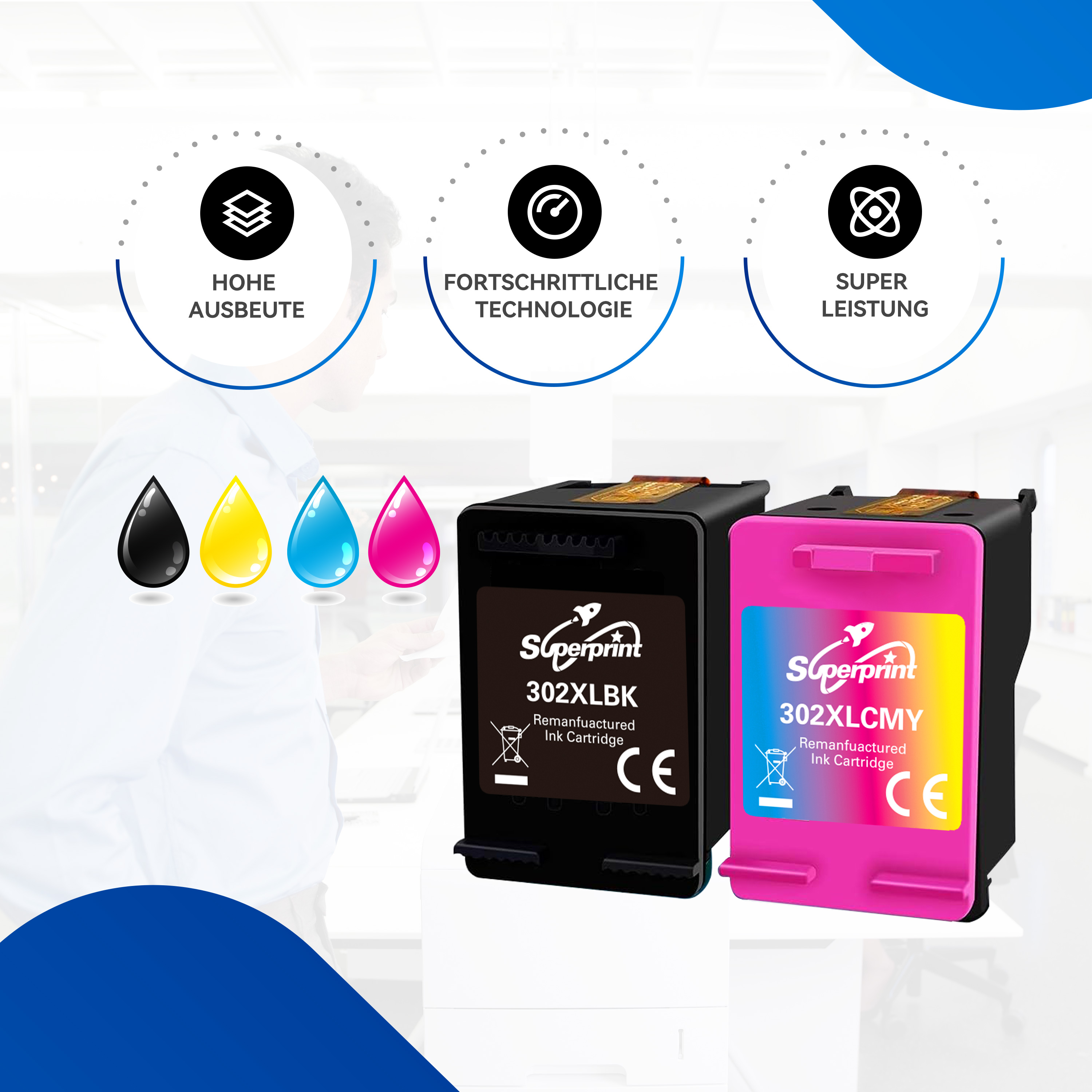 Inktcartridges met inktdruppels en iconen voor hoge output en geavanceerde technologie.