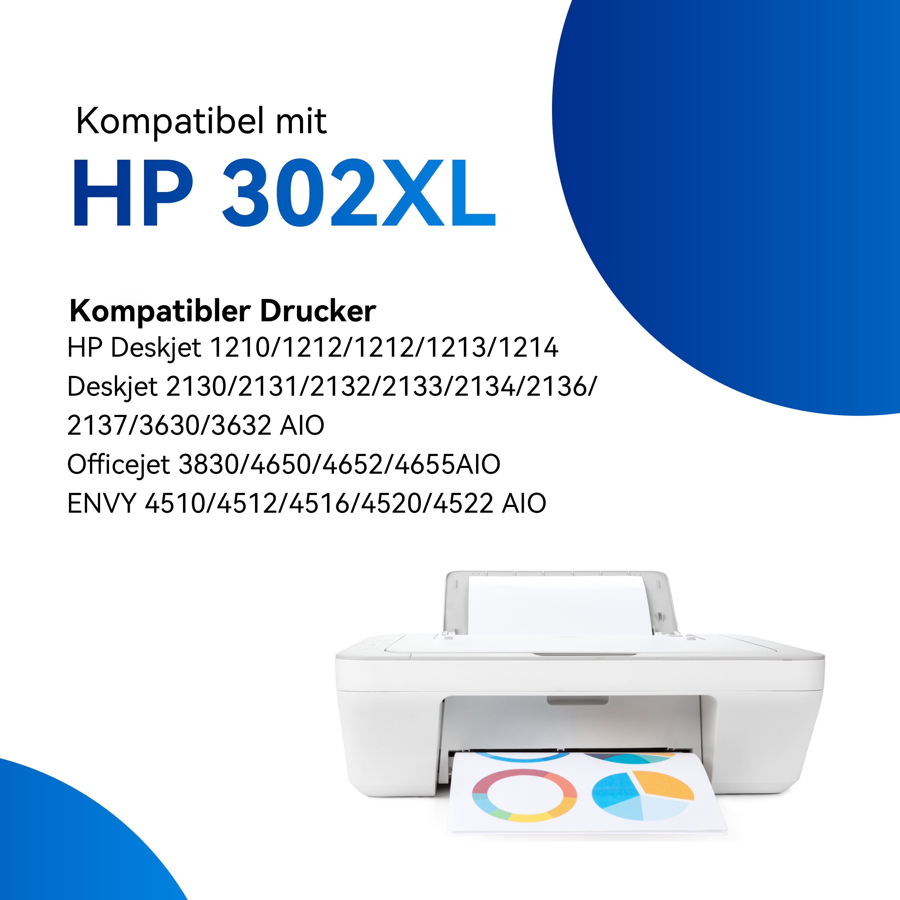 HP-printer met blauwe achtergrond en tekst: Compatibel met HP 302XL en compatibele printermodellen.